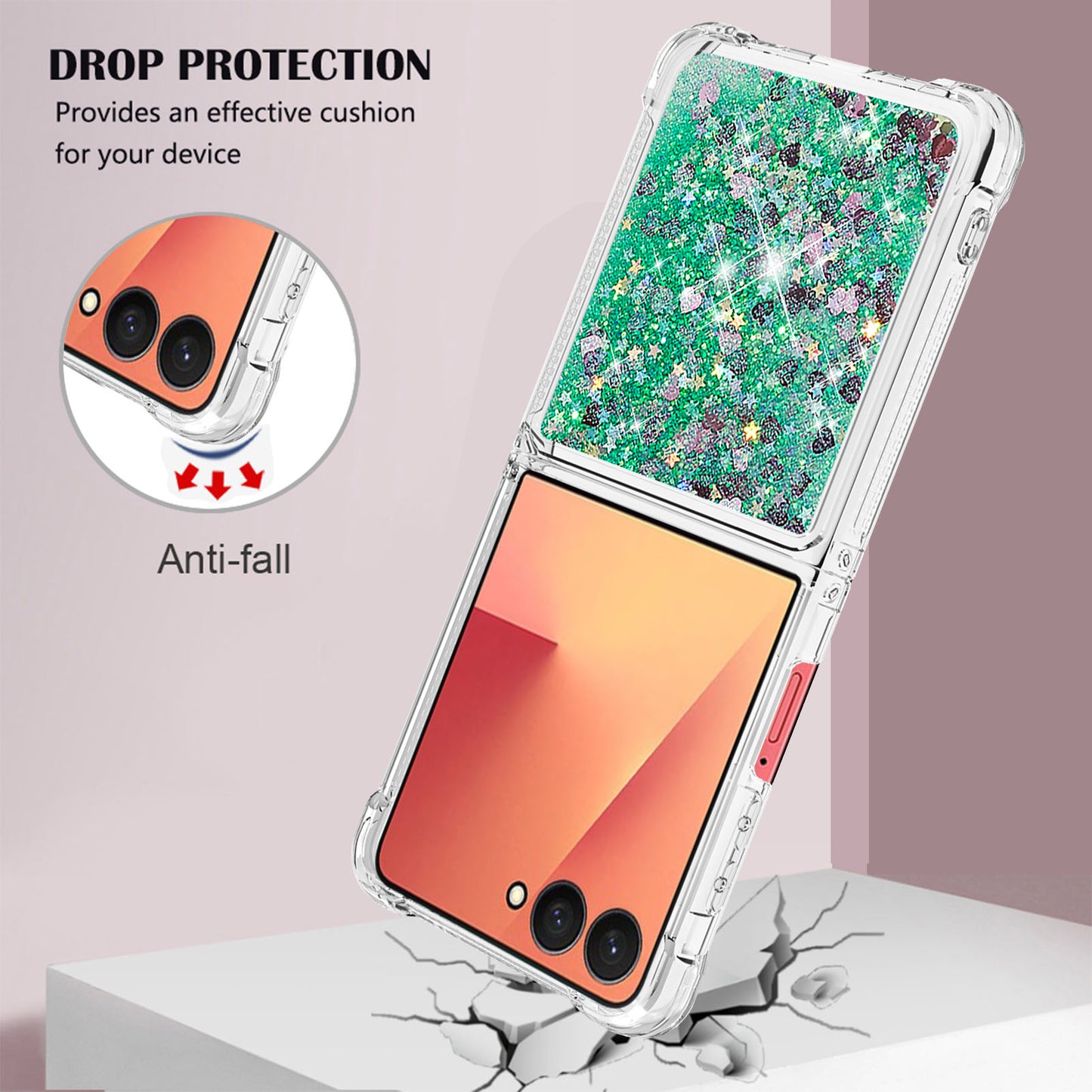 For Samsung Galaxy Z Flip7 5G TPU Case Glitter Quicksand Shockproof Phone Back Cover - Green / Hearts
