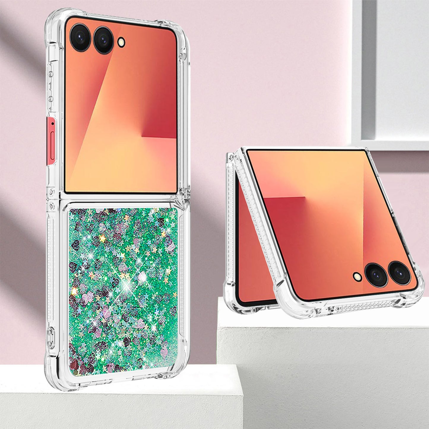 For Samsung Galaxy Z Flip7 5G TPU Case Glitter Quicksand Shockproof Phone Back Cover - Green / Hearts