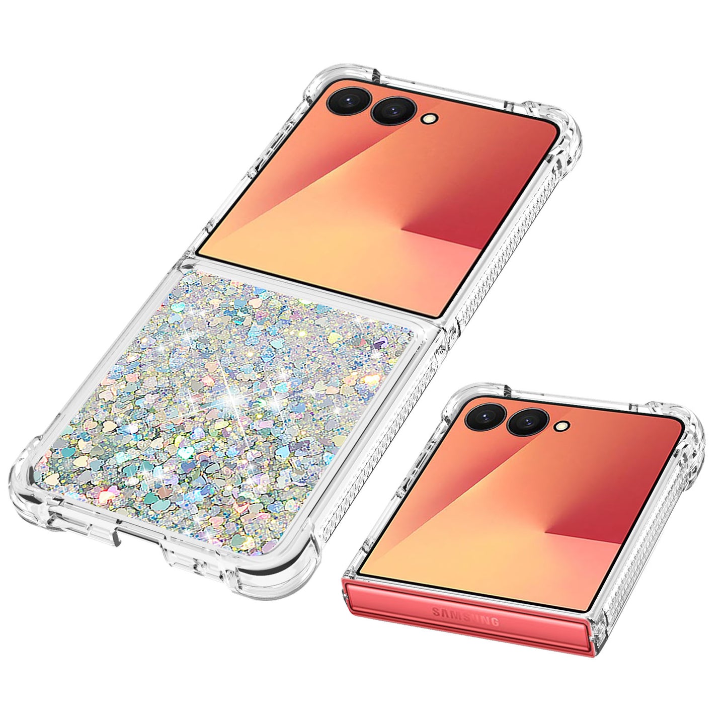 For Samsung Galaxy Z Flip7 5G TPU Case Glitter Quicksand Shockproof Phone Back Cover - Silver / Hearts