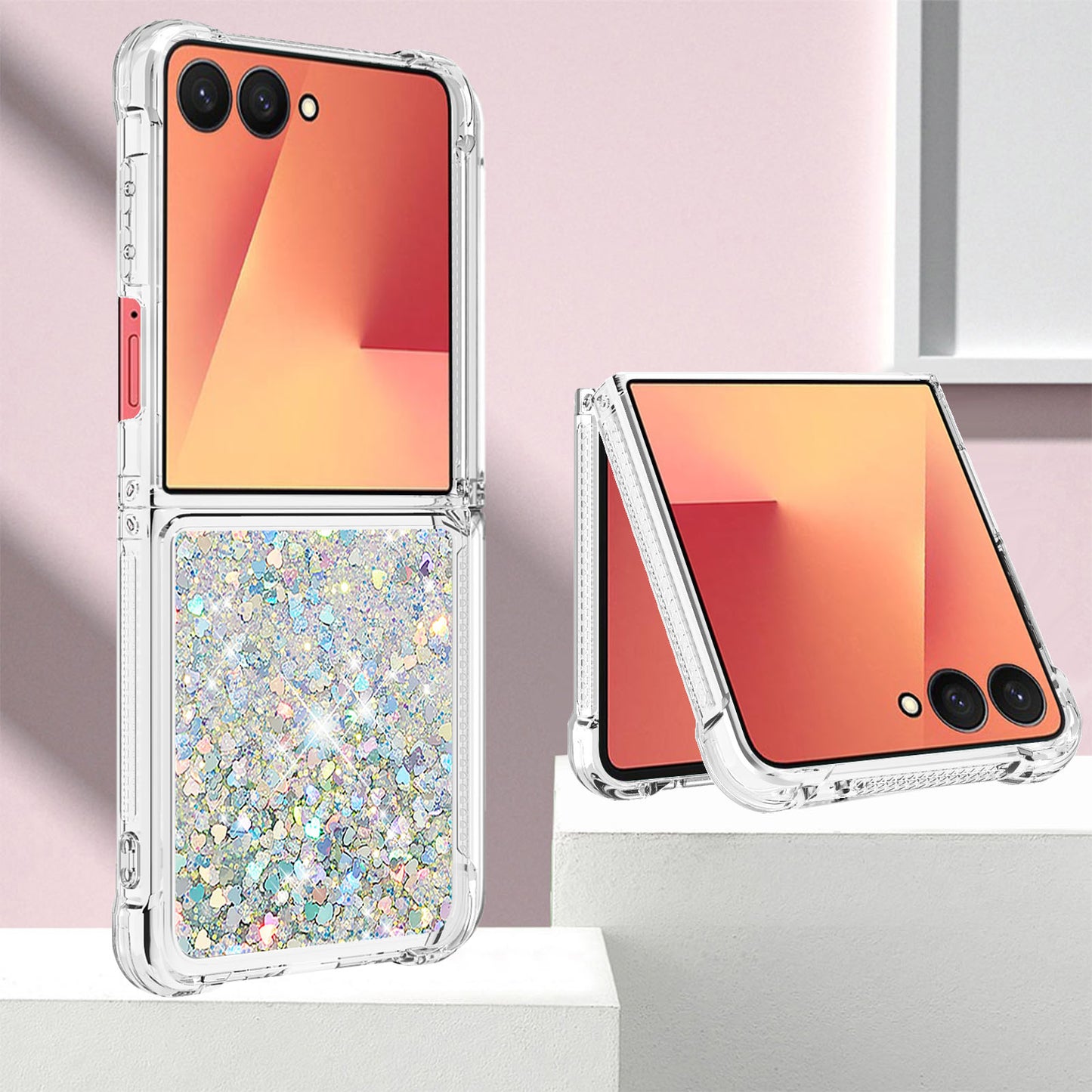 For Samsung Galaxy Z Flip7 5G TPU Case Glitter Quicksand Shockproof Phone Back Cover - Silver / Hearts