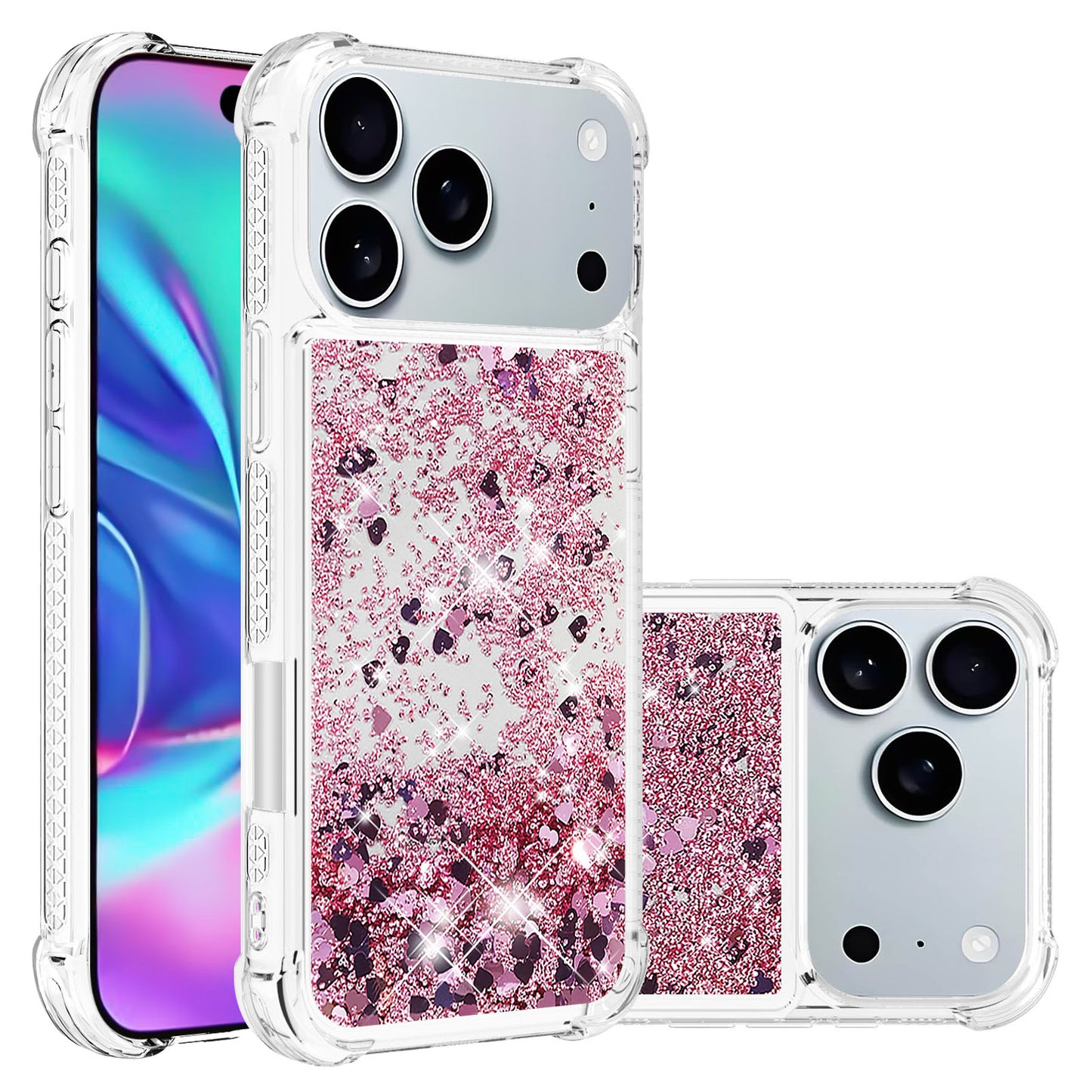 For iPhone 17 Pro Max TPU Case Glitter Quicksand Shockproof Phone Back Cover - Rose Gold / Hearts