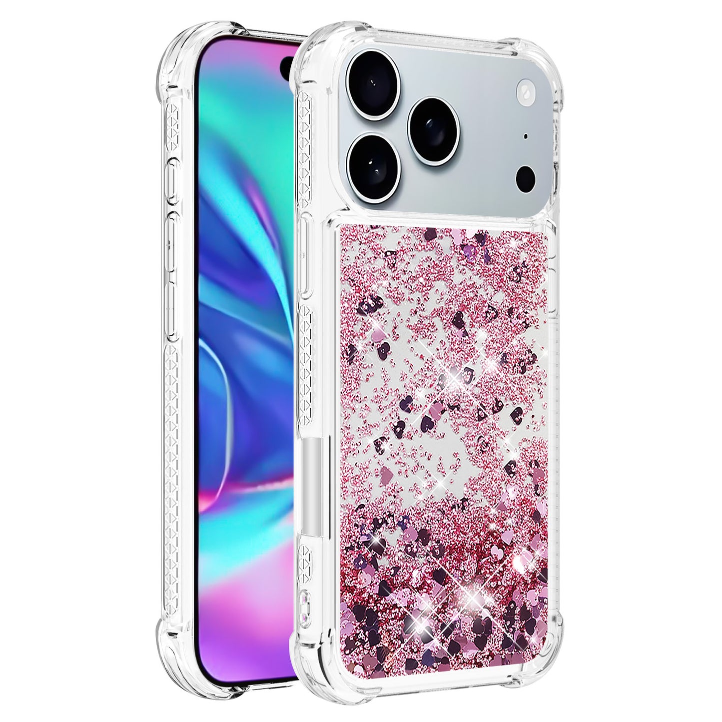 For iPhone 17 Pro Max TPU Case Glitter Quicksand Shockproof Phone Back Cover - Rose Gold / Hearts