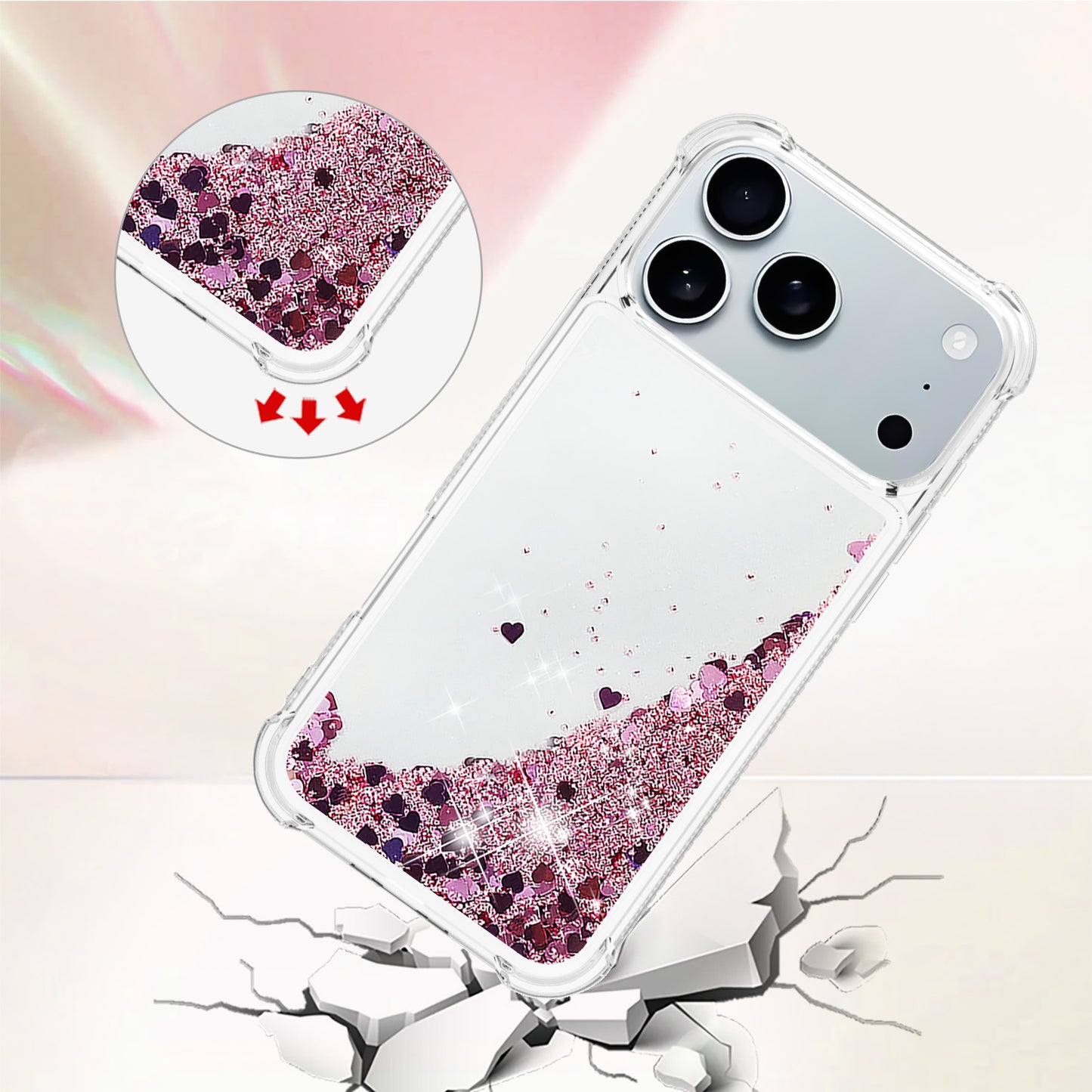 For iPhone 17 Pro Max TPU Case Glitter Quicksand Shockproof Phone Back Cover - Rose Gold / Hearts