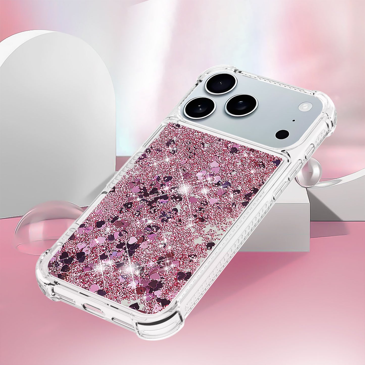 For iPhone 17 Pro Max TPU Case Glitter Quicksand Shockproof Phone Back Cover - Rose Gold / Hearts