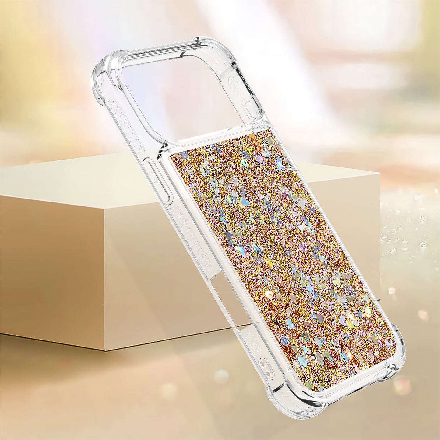 For iPhone 17 Pro Max TPU Case Glitter Quicksand Shockproof Phone Back Cover - Gold / Hearts