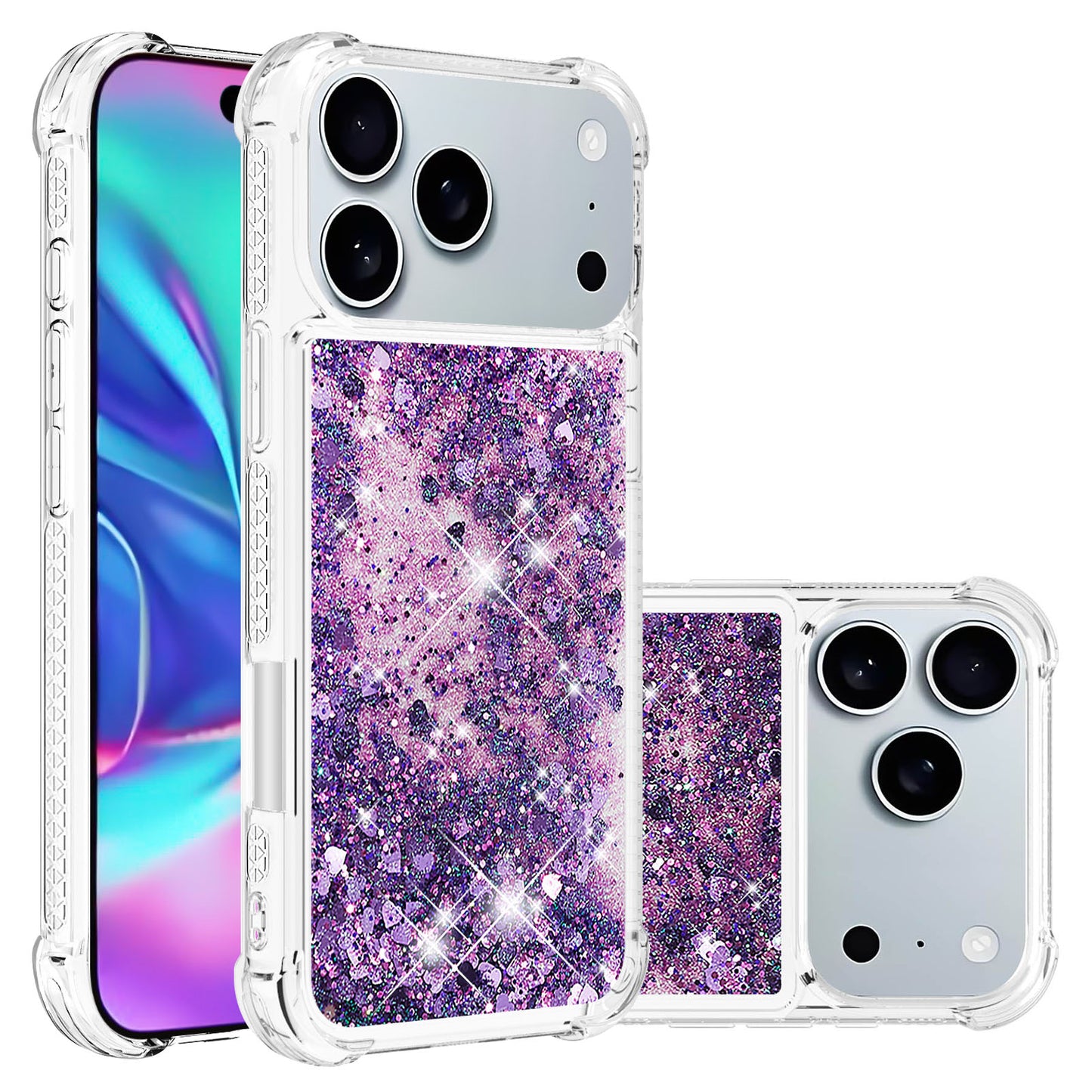 For iPhone 17 Pro Max TPU Case Glitter Quicksand Shockproof Phone Back Cover - Dark Purple / Hearts