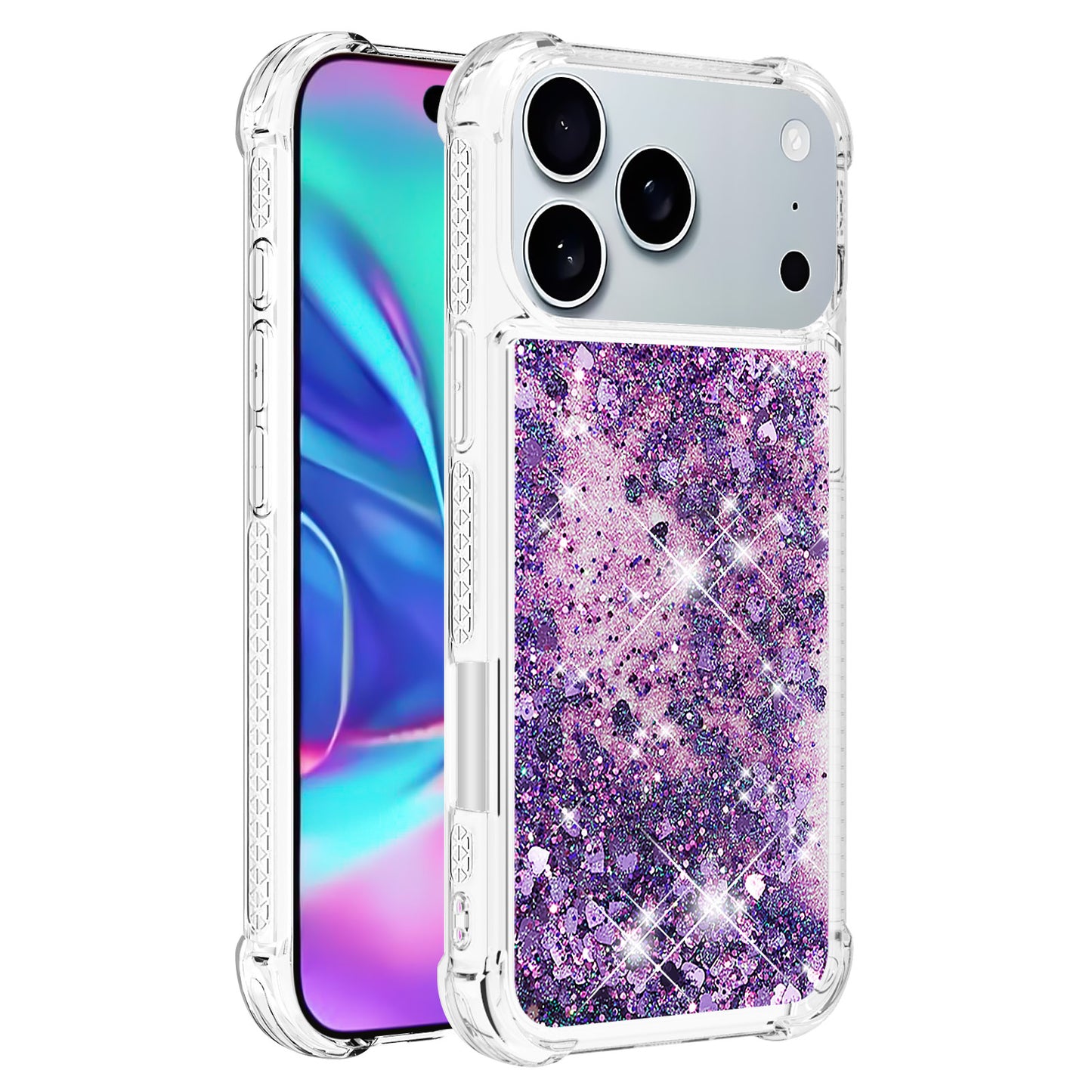 For iPhone 17 Pro Max TPU Case Glitter Quicksand Shockproof Phone Back Cover - Dark Purple / Hearts