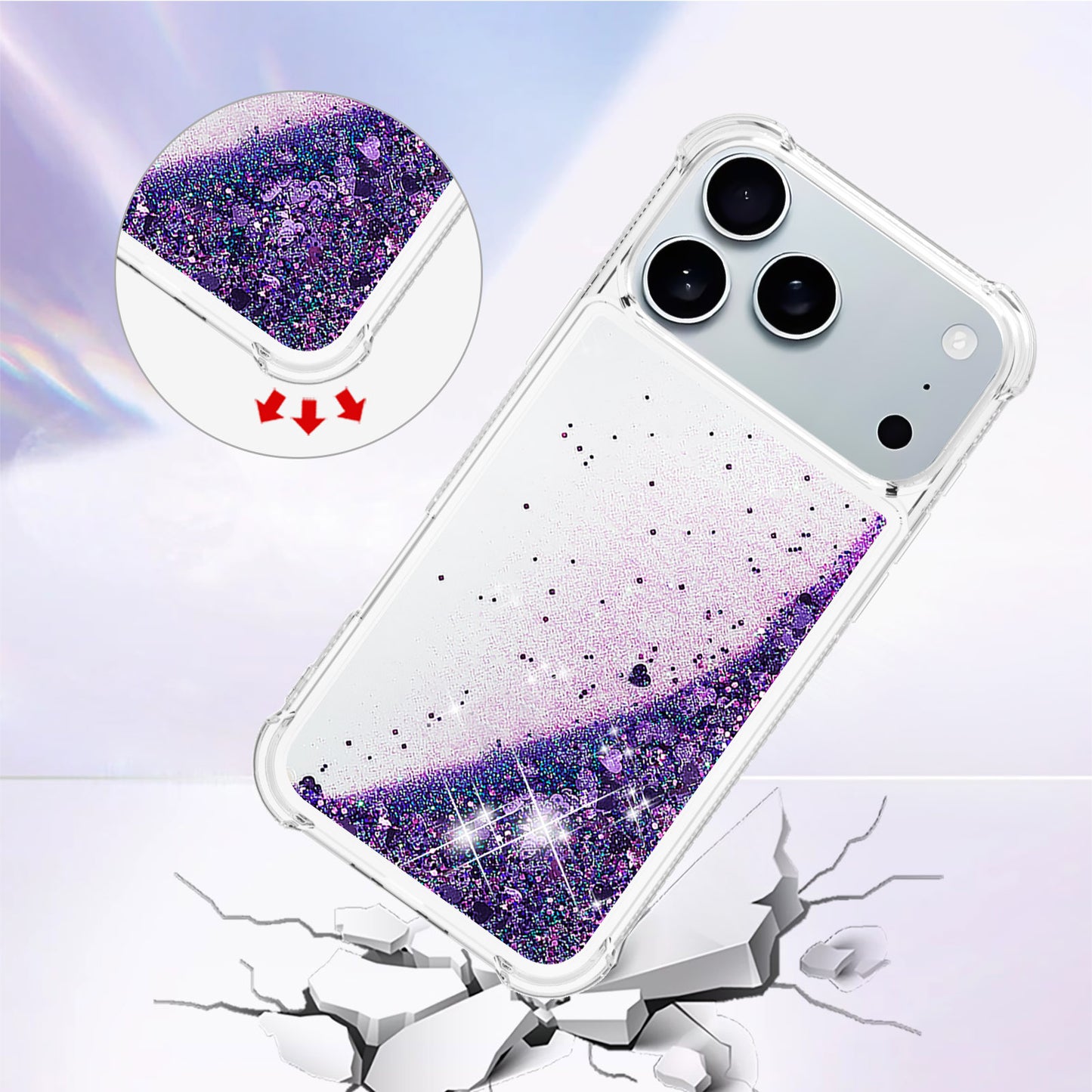 For iPhone 17 Pro Max TPU Case Glitter Quicksand Shockproof Phone Back Cover - Dark Purple / Hearts