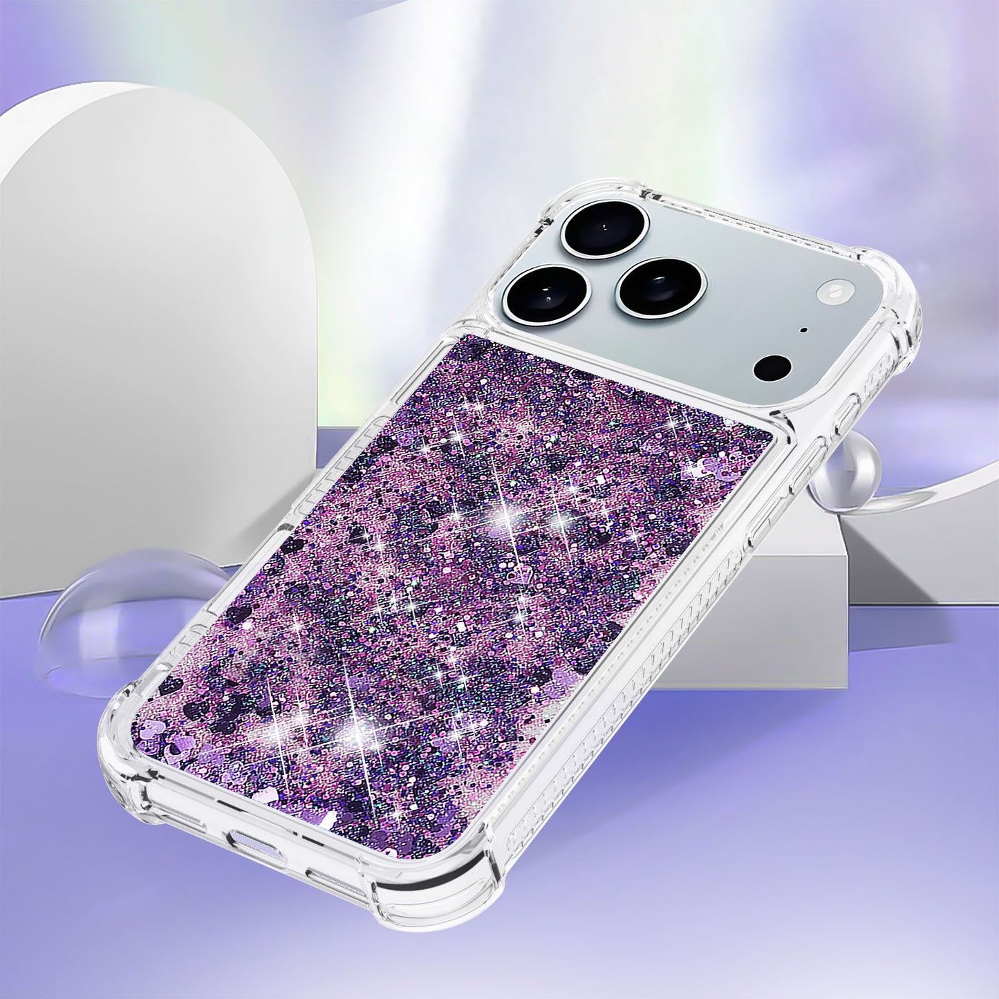 For iPhone 17 Pro Max TPU Case Glitter Quicksand Shockproof Phone Back Cover - Dark Purple / Hearts