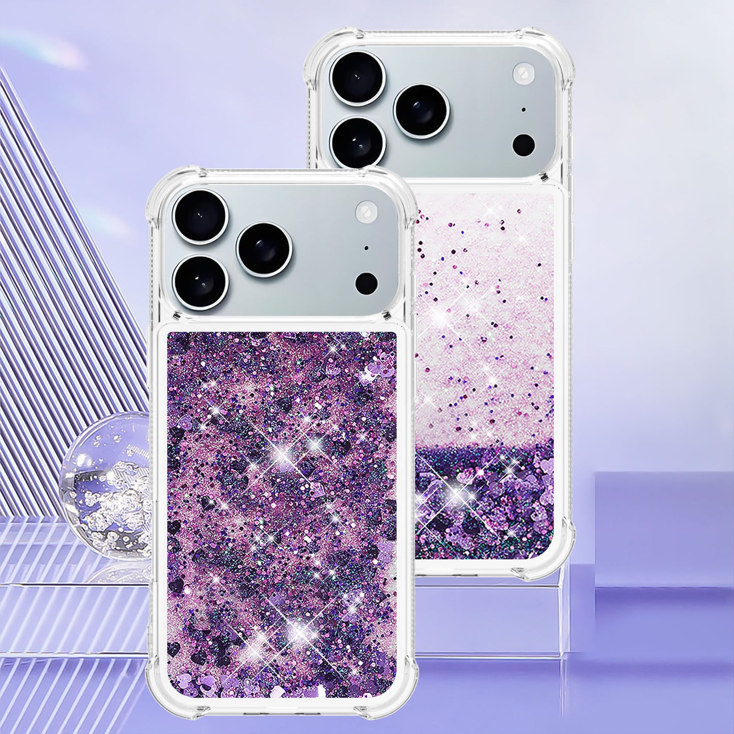 For iPhone 17 Pro Max TPU Case Glitter Quicksand Shockproof Phone Back Cover - Dark Purple / Hearts