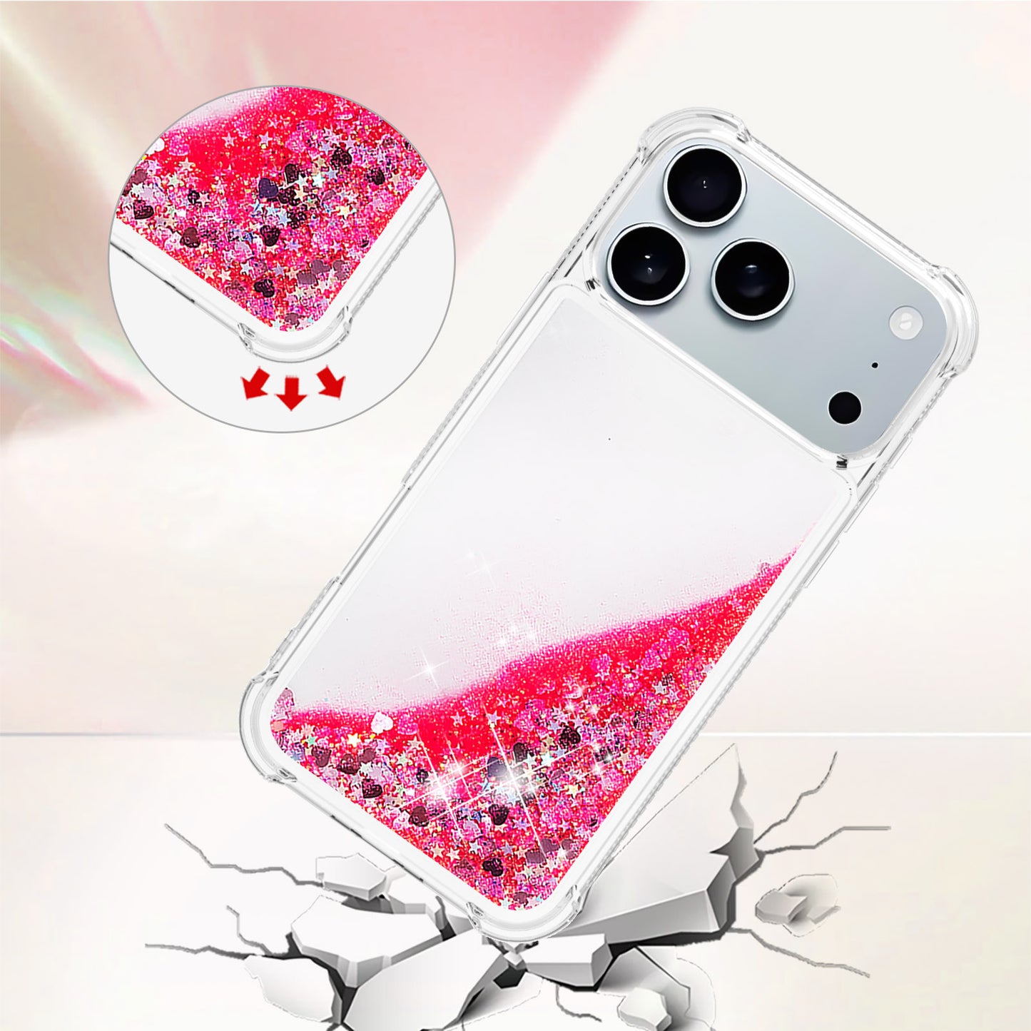 For iPhone 17 Pro Max TPU Case Glitter Quicksand Shockproof Phone Back Cover - Pink / Hearts