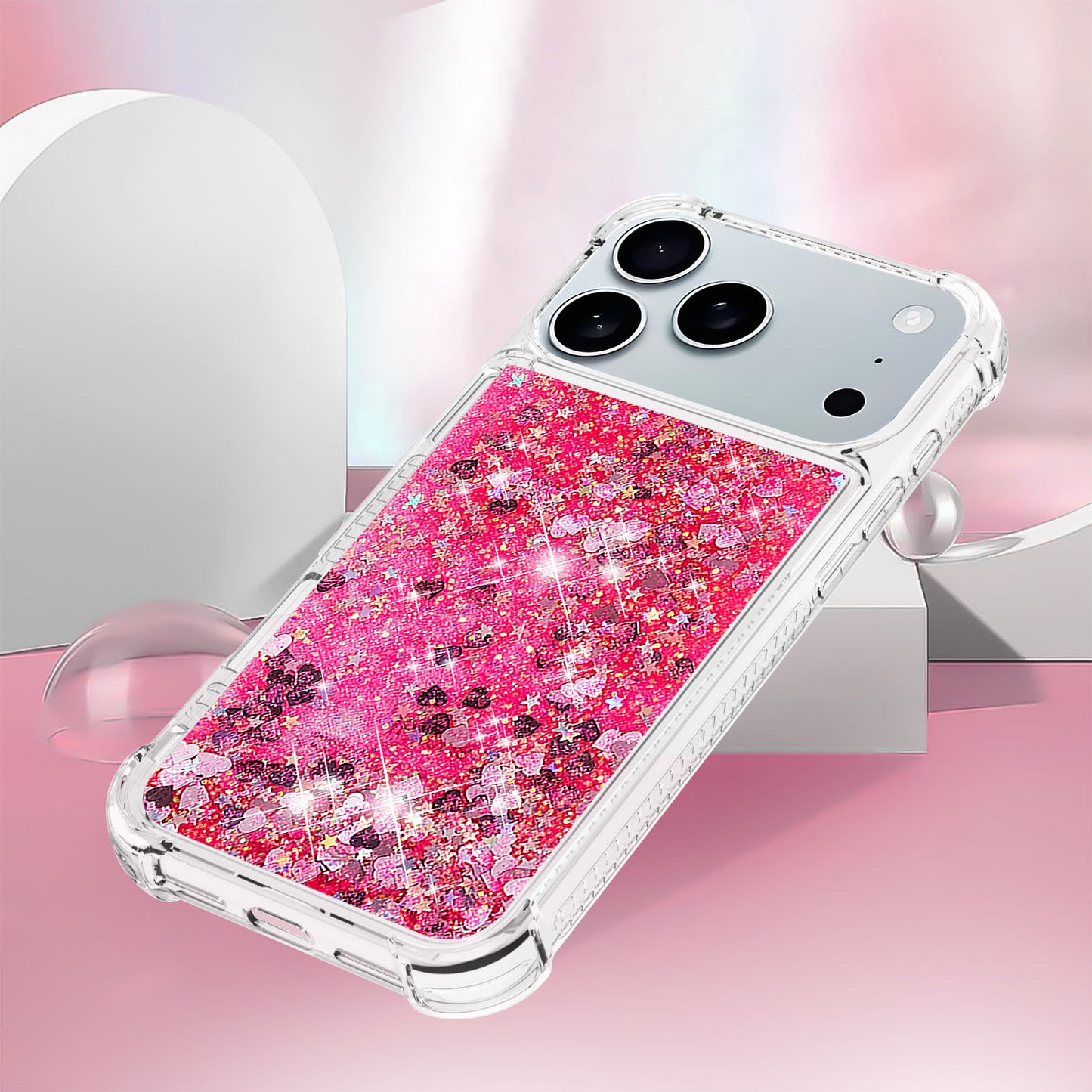 For iPhone 17 Pro Max TPU Case Glitter Quicksand Shockproof Phone Back Cover - Pink / Hearts