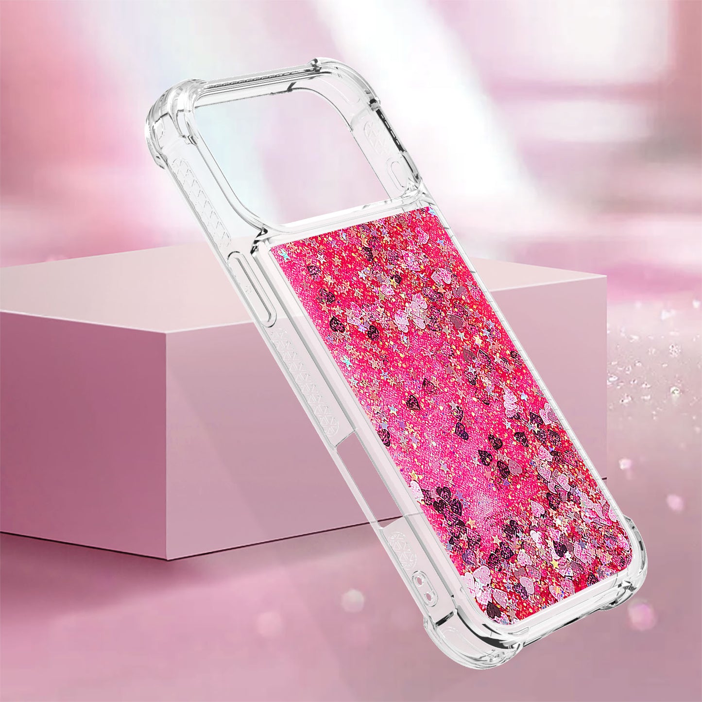 For iPhone 17 Pro Max TPU Case Glitter Quicksand Shockproof Phone Back Cover - Pink / Hearts