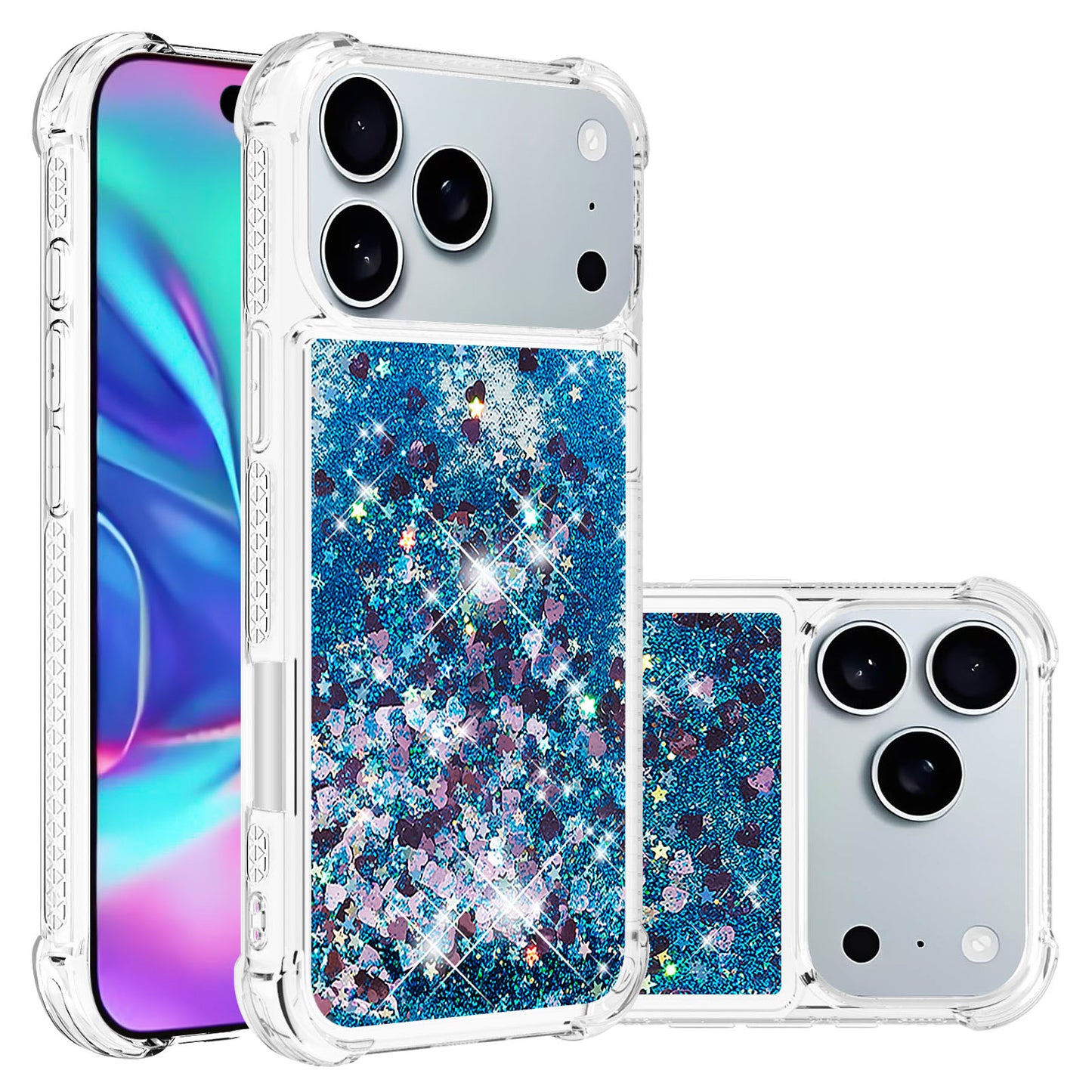 For iPhone 17 Pro Max TPU Case Glitter Quicksand Shockproof Phone Back Cover - Blue / Hearts