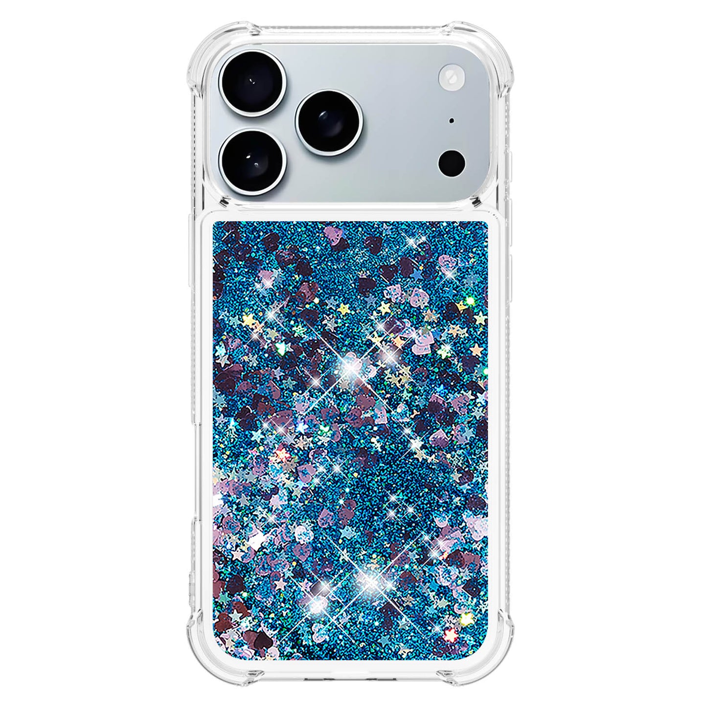 For iPhone 17 Pro Max TPU Case Glitter Quicksand Shockproof Phone Back Cover - Blue / Hearts