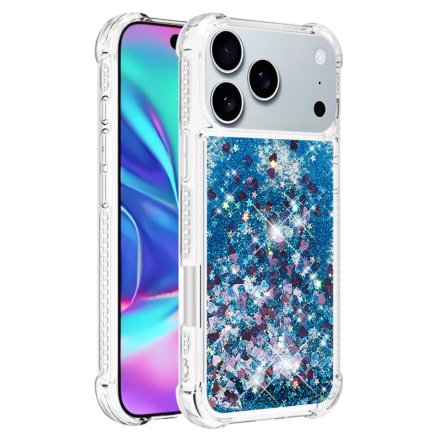 For iPhone 17 Pro Max TPU Case Glitter Quicksand Shockproof Phone Back Cover - Blue / Hearts