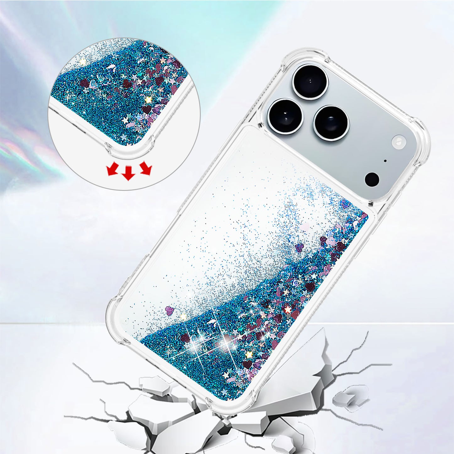 For iPhone 17 Pro Max TPU Case Glitter Quicksand Shockproof Phone Back Cover - Blue / Hearts