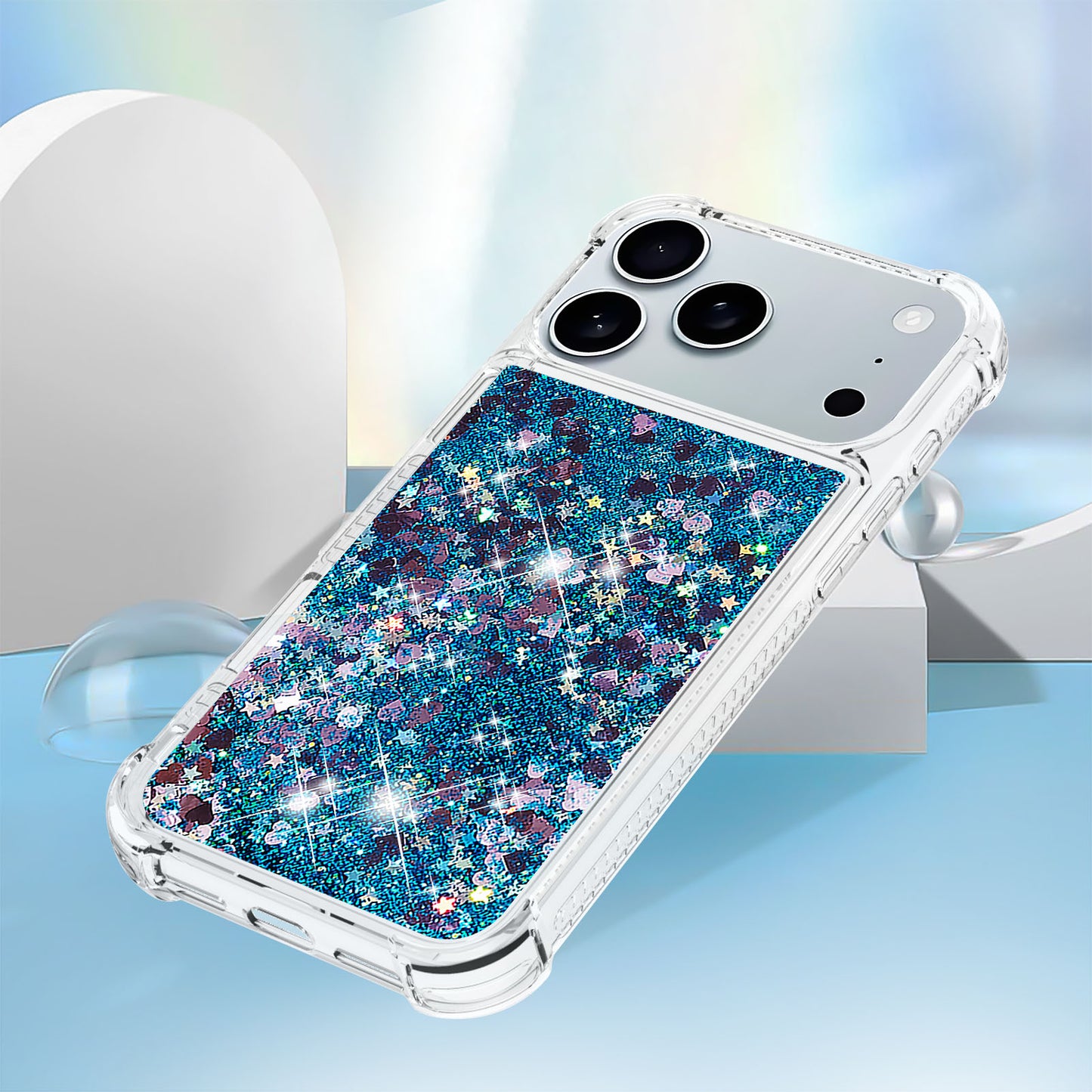 For iPhone 17 Pro Max TPU Case Glitter Quicksand Shockproof Phone Back Cover - Blue / Hearts
