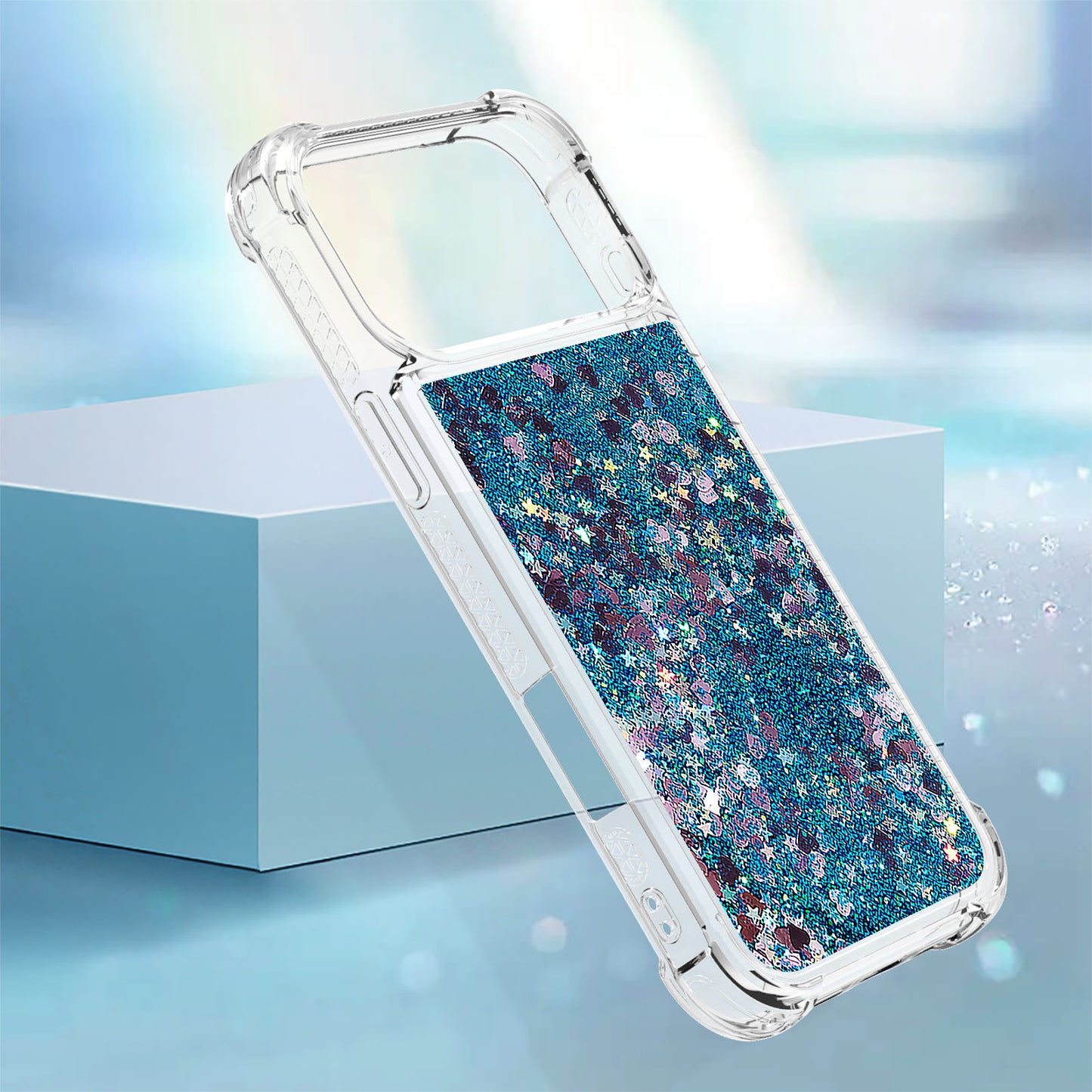 For iPhone 17 Pro Max TPU Case Glitter Quicksand Shockproof Phone Back Cover - Blue / Hearts