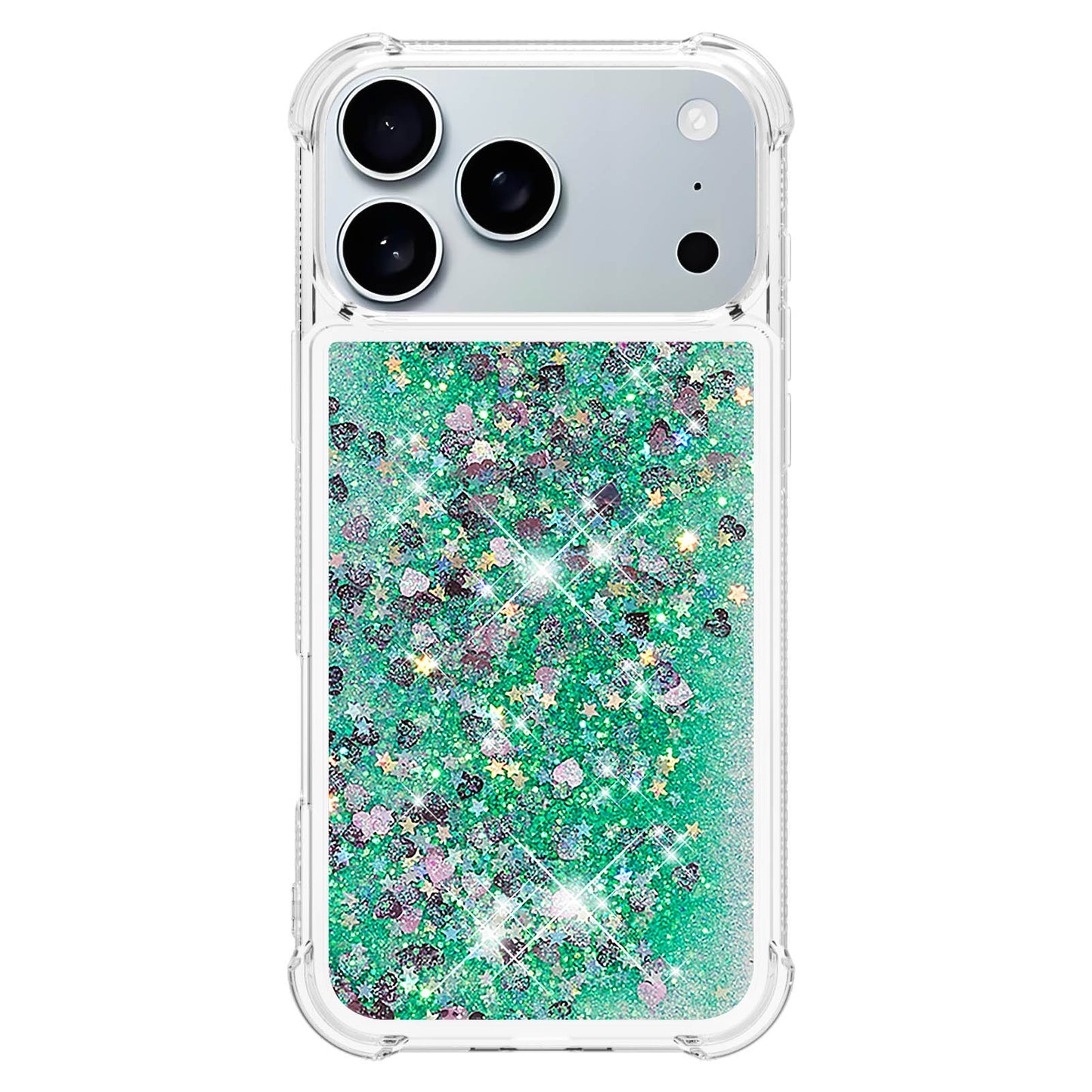 For iPhone 17 Pro Max TPU Case Glitter Quicksand Shockproof Phone Back Cover - Green / Hearts