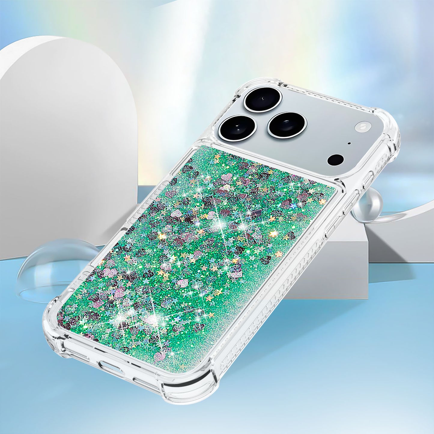 For iPhone 17 Pro Max TPU Case Glitter Quicksand Shockproof Phone Back Cover - Green / Hearts