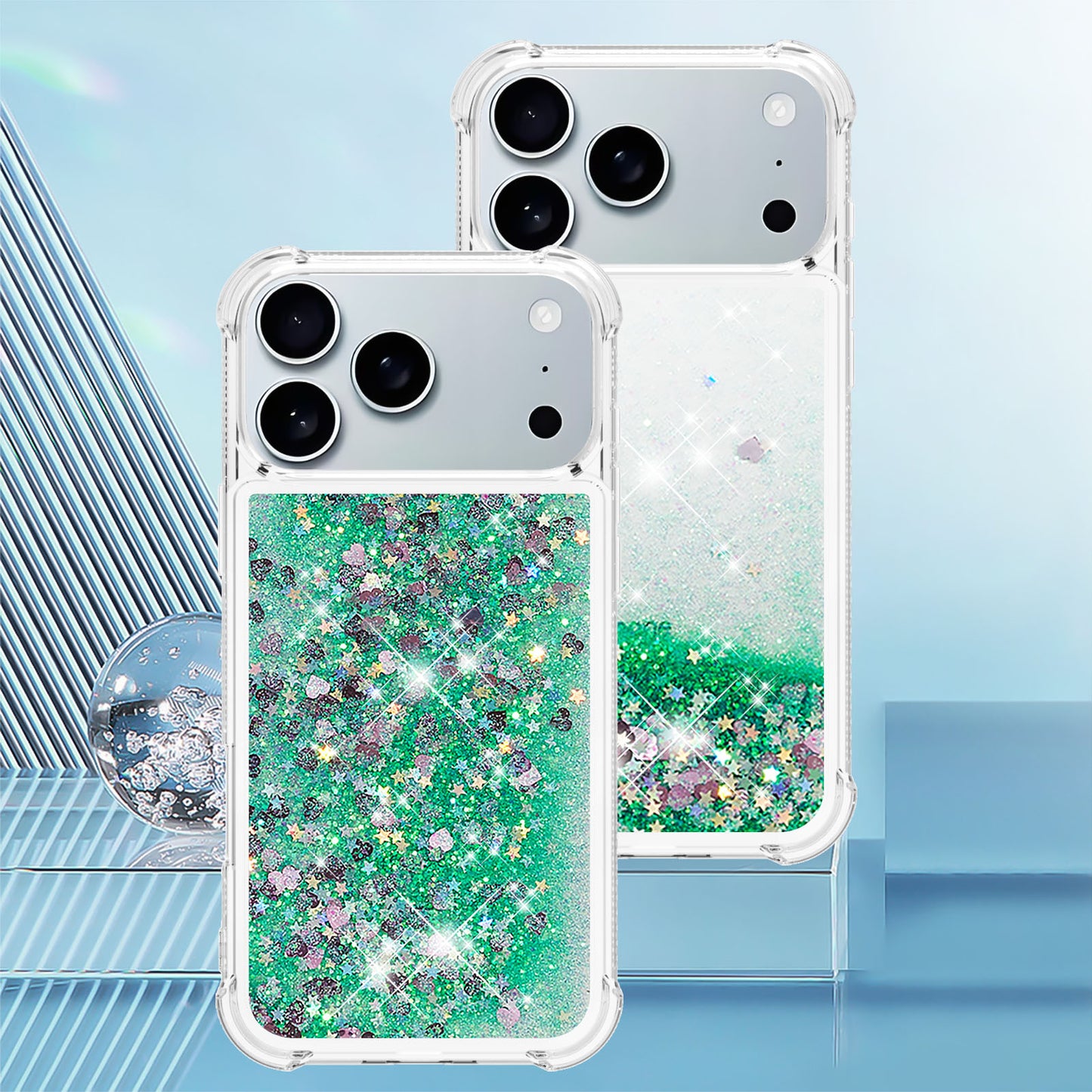 For iPhone 17 Pro Max TPU Case Glitter Quicksand Shockproof Phone Back Cover - Green / Hearts