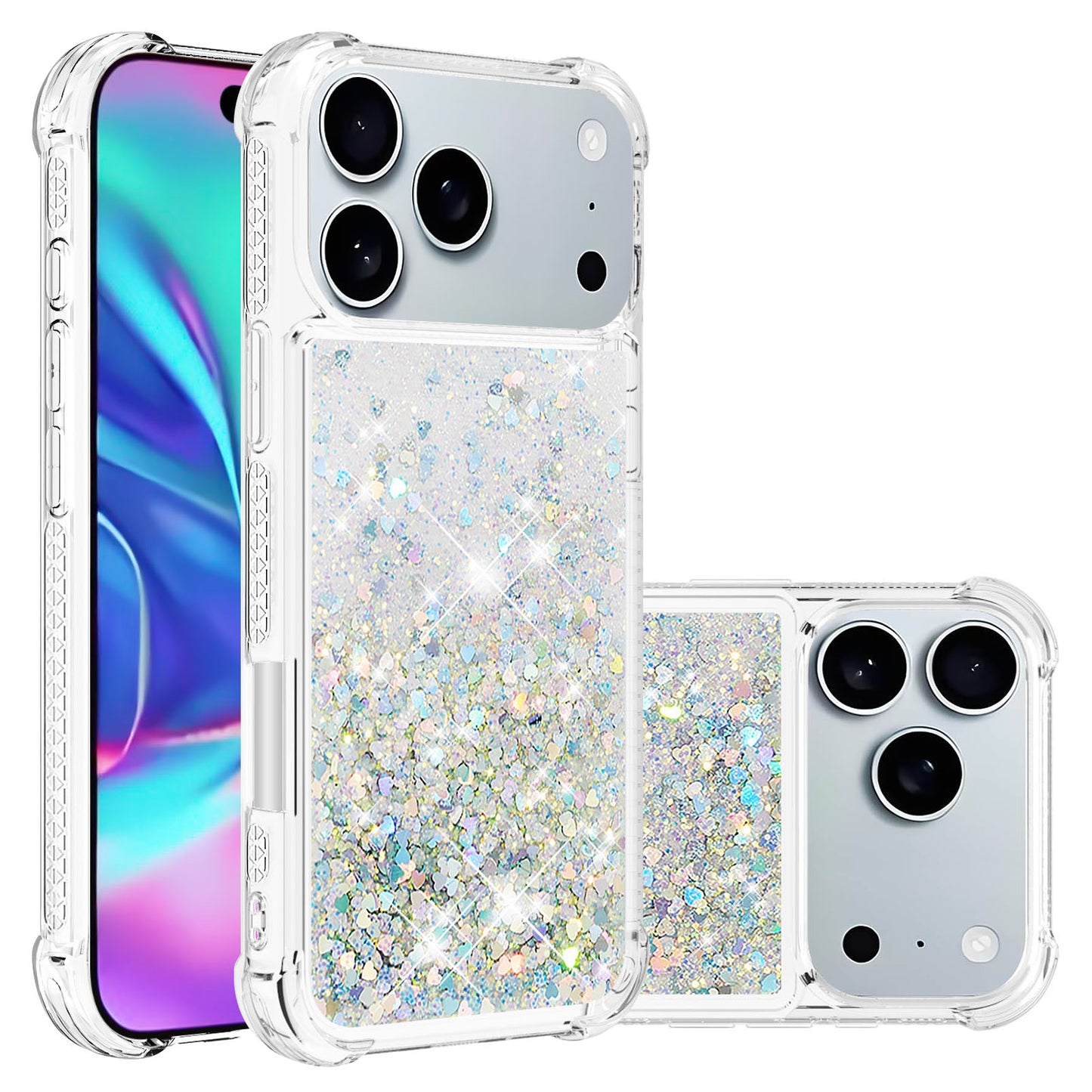 For iPhone 17 Pro Max TPU Case Glitter Quicksand Shockproof Phone Back Cover - Silver / Hearts