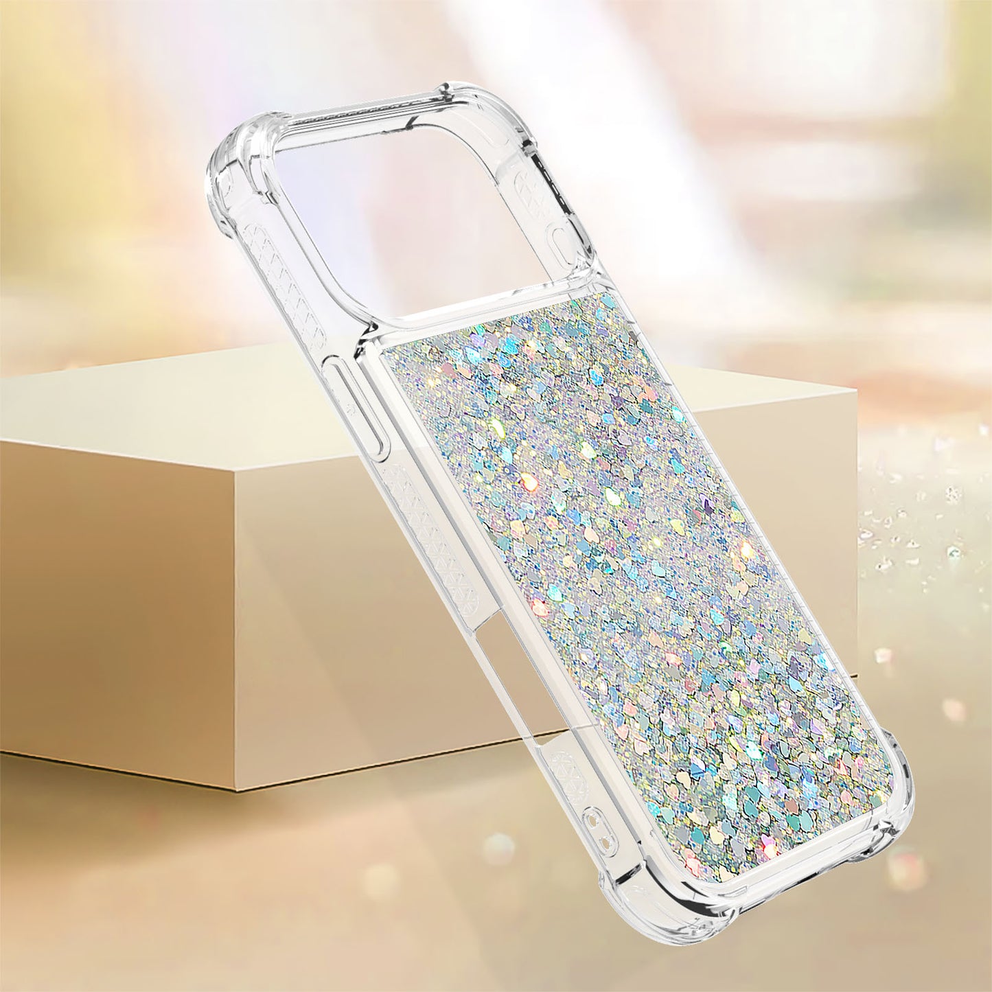 For iPhone 17 Pro Max TPU Case Glitter Quicksand Shockproof Phone Back Cover - Silver / Hearts