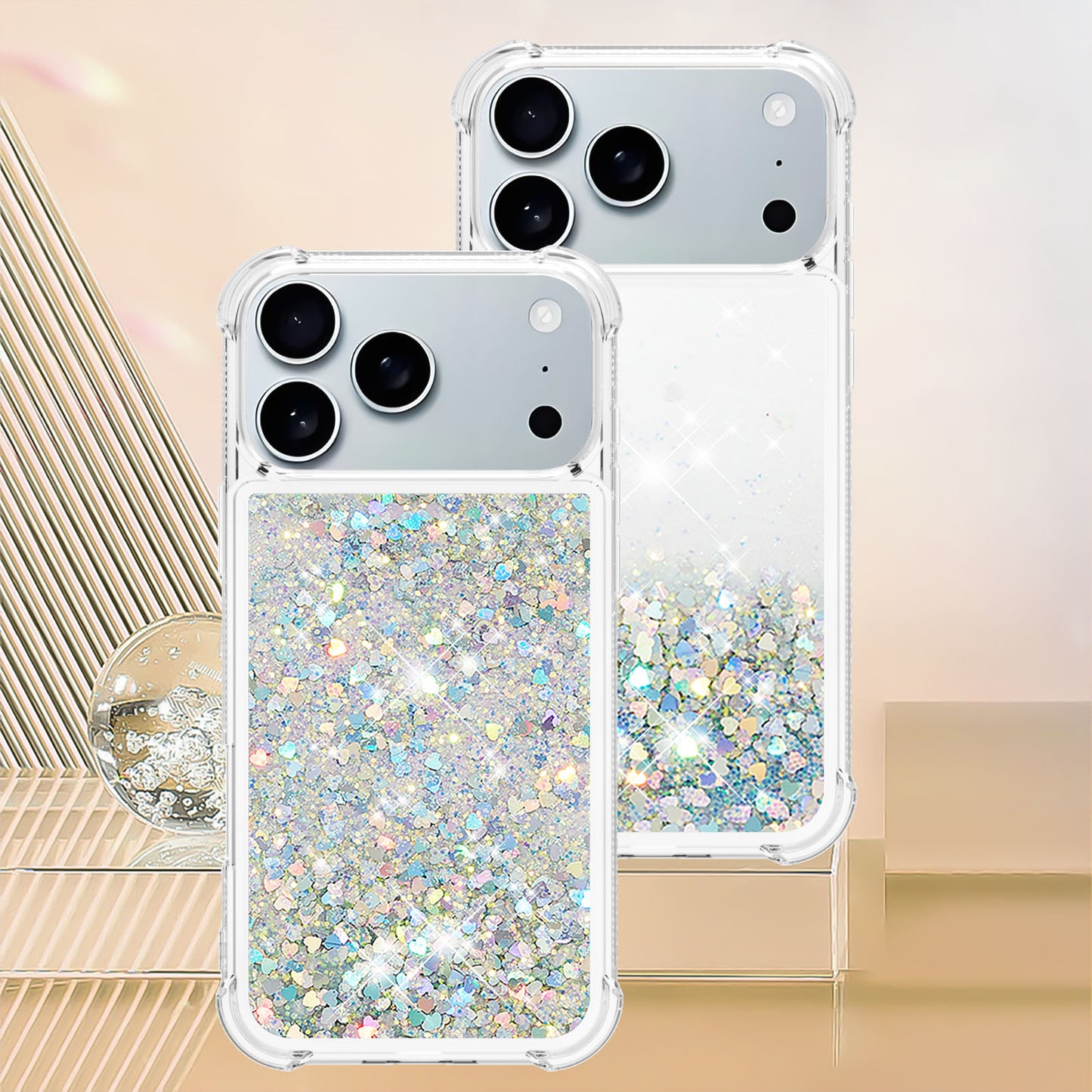 For iPhone 17 Pro Max TPU Case Glitter Quicksand Shockproof Phone Back Cover - Silver / Hearts