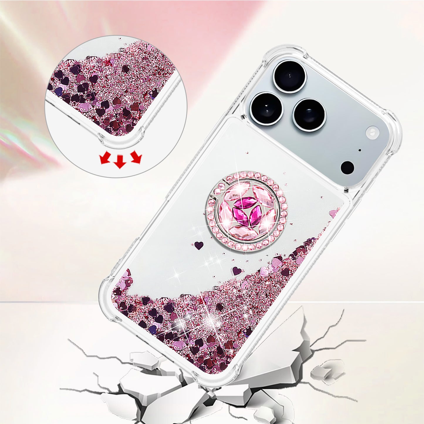 For iPhone 17 Pro Max TPU Case with Kickstand Quicksand Shockproof Cover - Rose Gold / Hearts