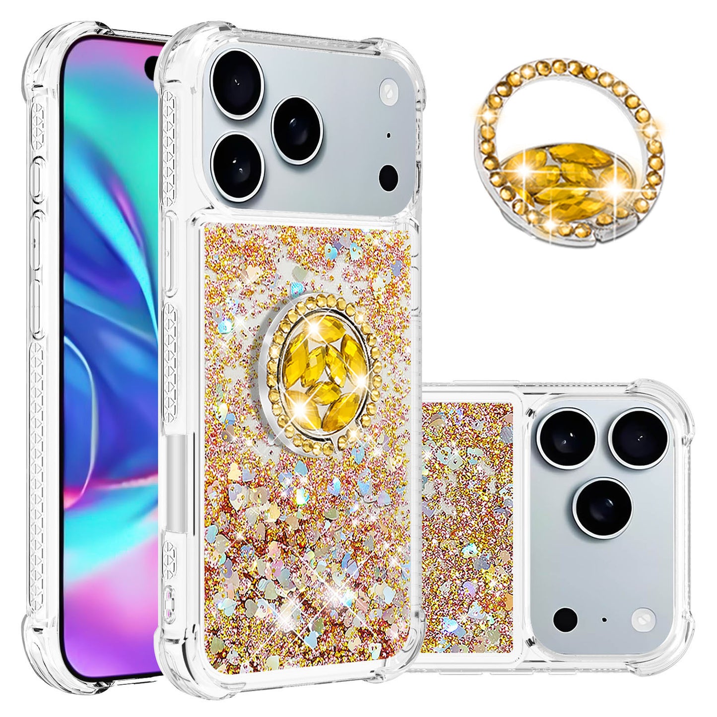 For iPhone 17 Pro Max TPU Case with Kickstand Quicksand Shockproof Cover - Gold / Hearts