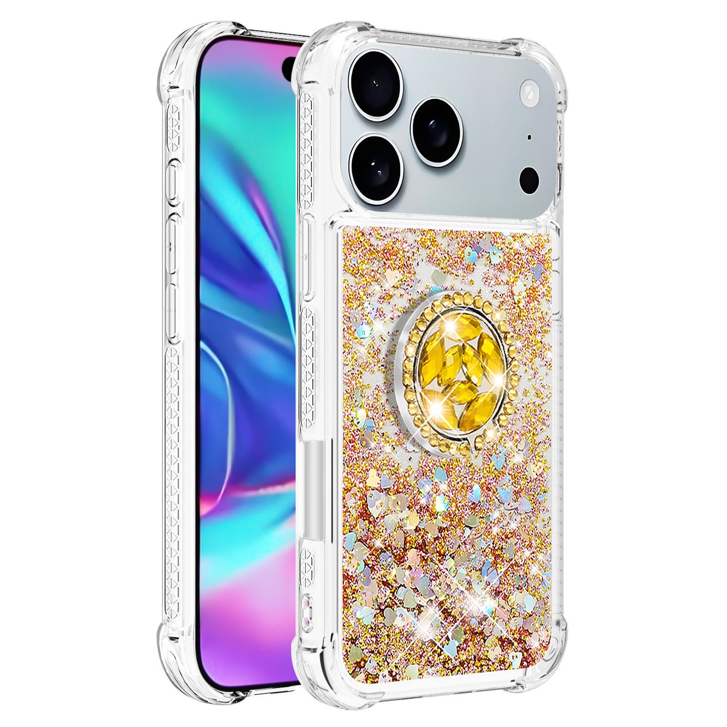 For iPhone 17 Pro Max TPU Case with Kickstand Quicksand Shockproof Cover - Gold / Hearts