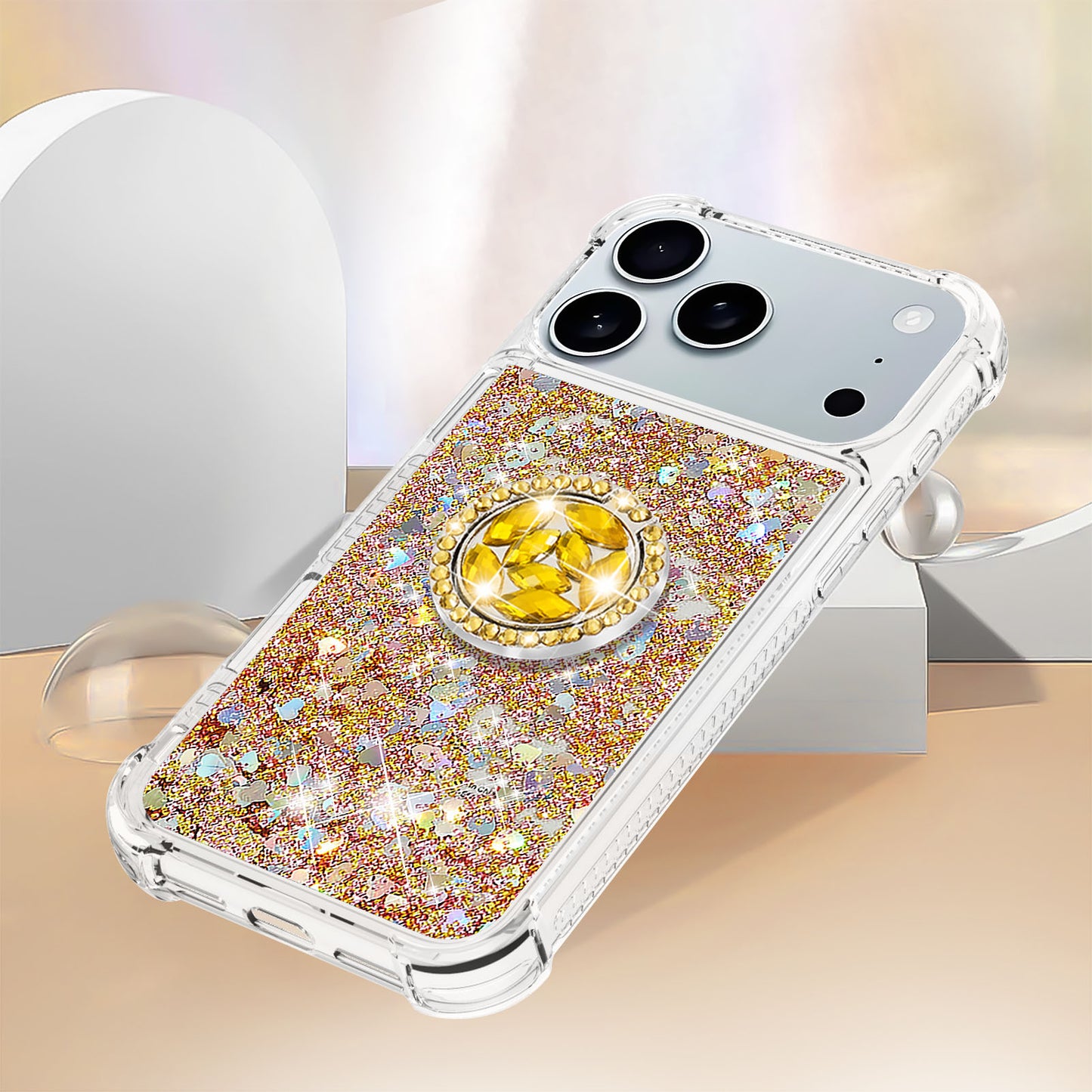 For iPhone 17 Pro Max TPU Case with Kickstand Quicksand Shockproof Cover - Gold / Hearts