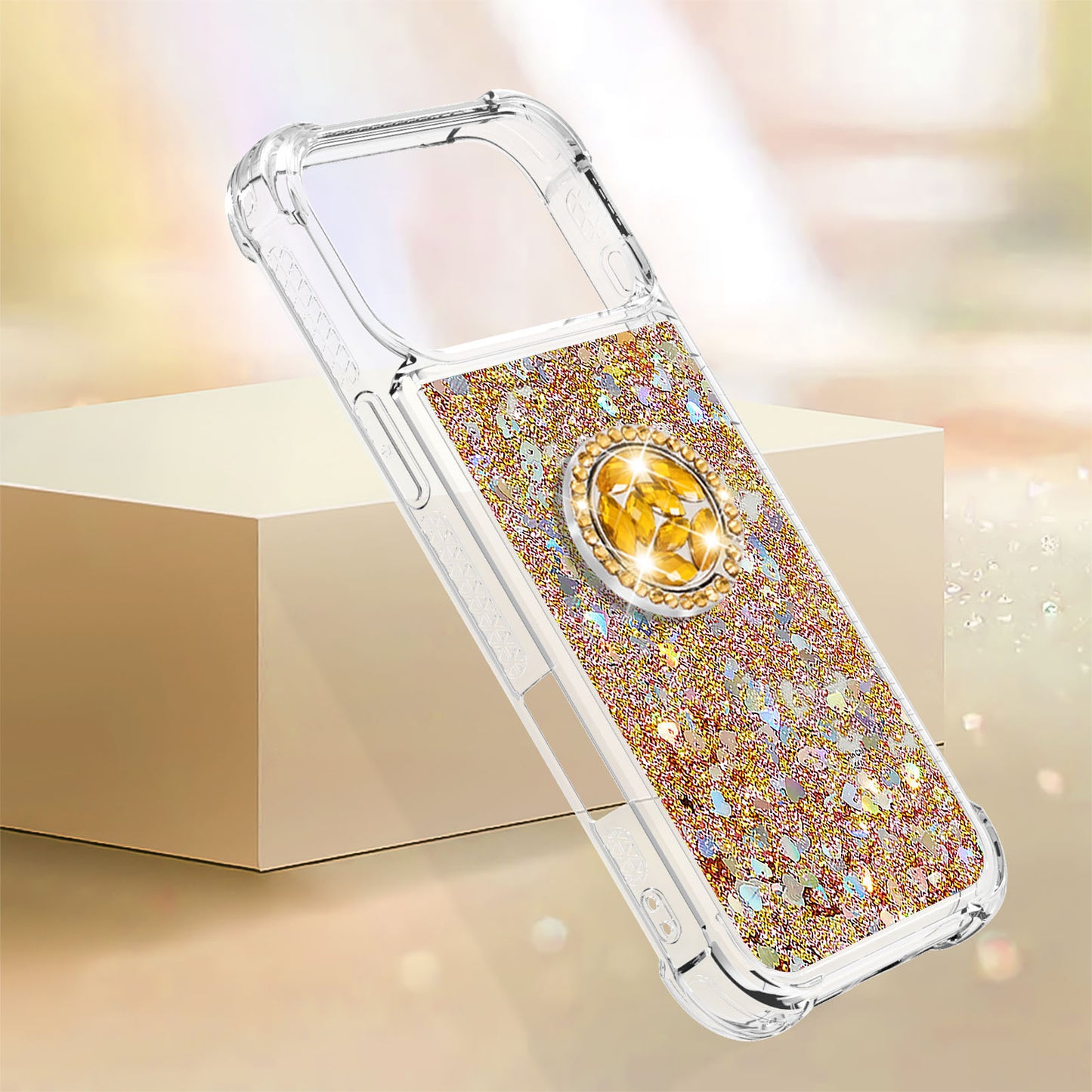 For iPhone 17 Pro Max TPU Case with Kickstand Quicksand Shockproof Cover - Gold / Hearts