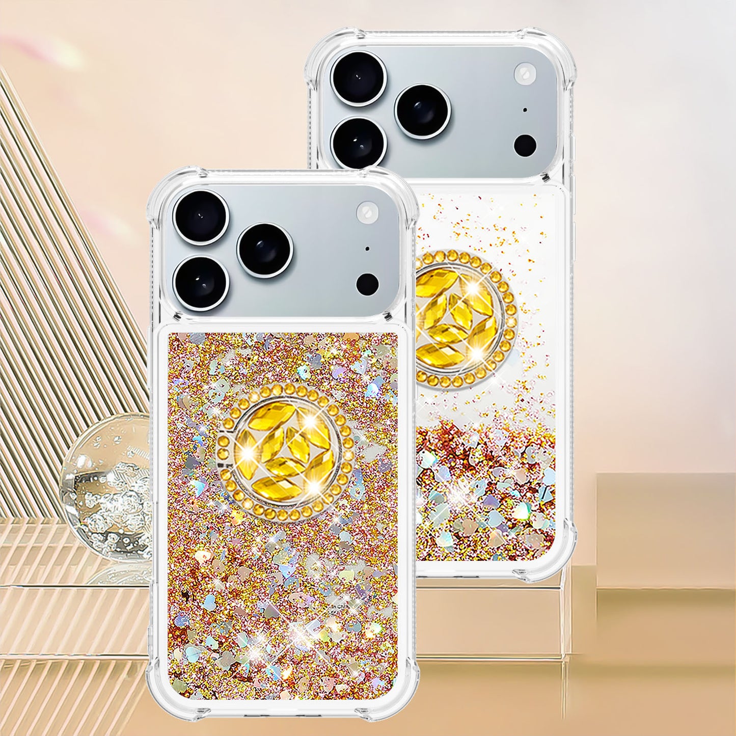 For iPhone 17 Pro Max TPU Case with Kickstand Quicksand Shockproof Cover - Gold / Hearts