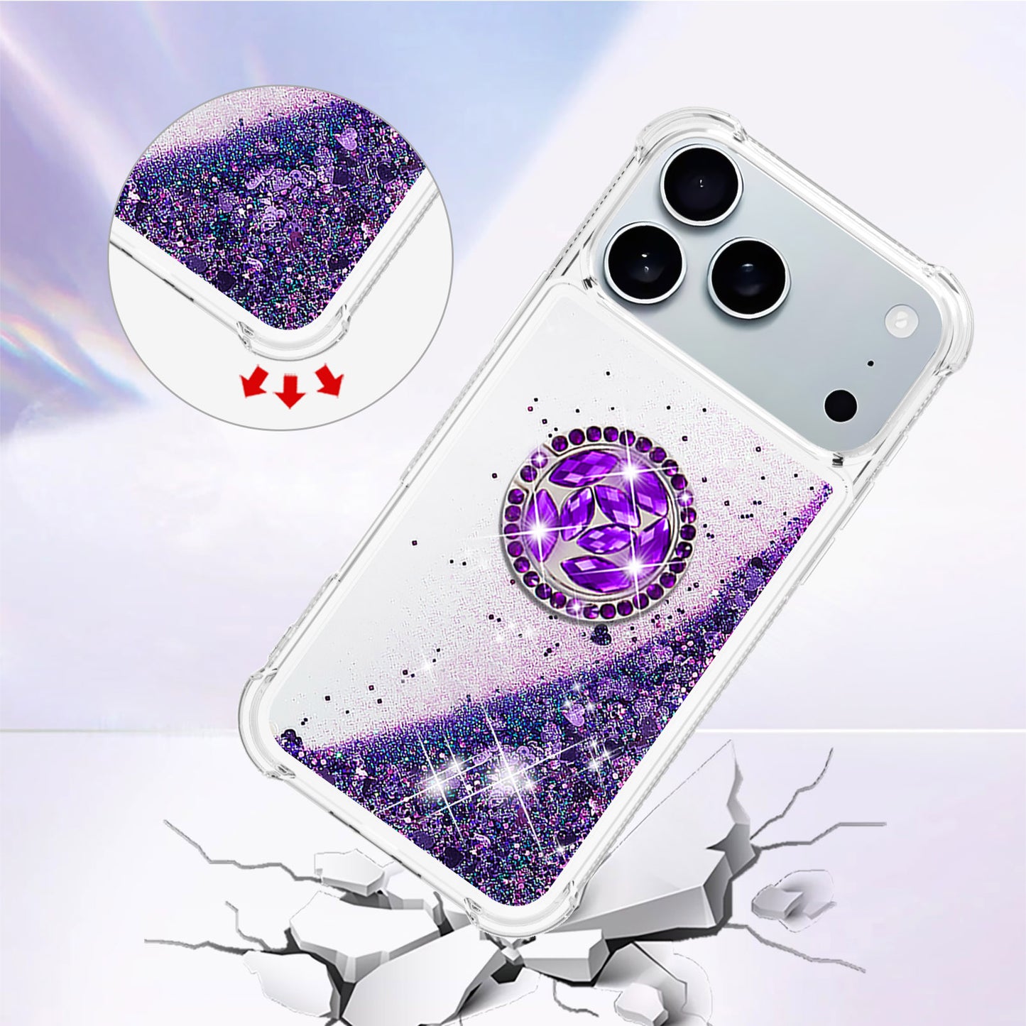 For iPhone 17 Pro Max TPU Case with Kickstand Quicksand Shockproof Cover - Dark Purple / Heart