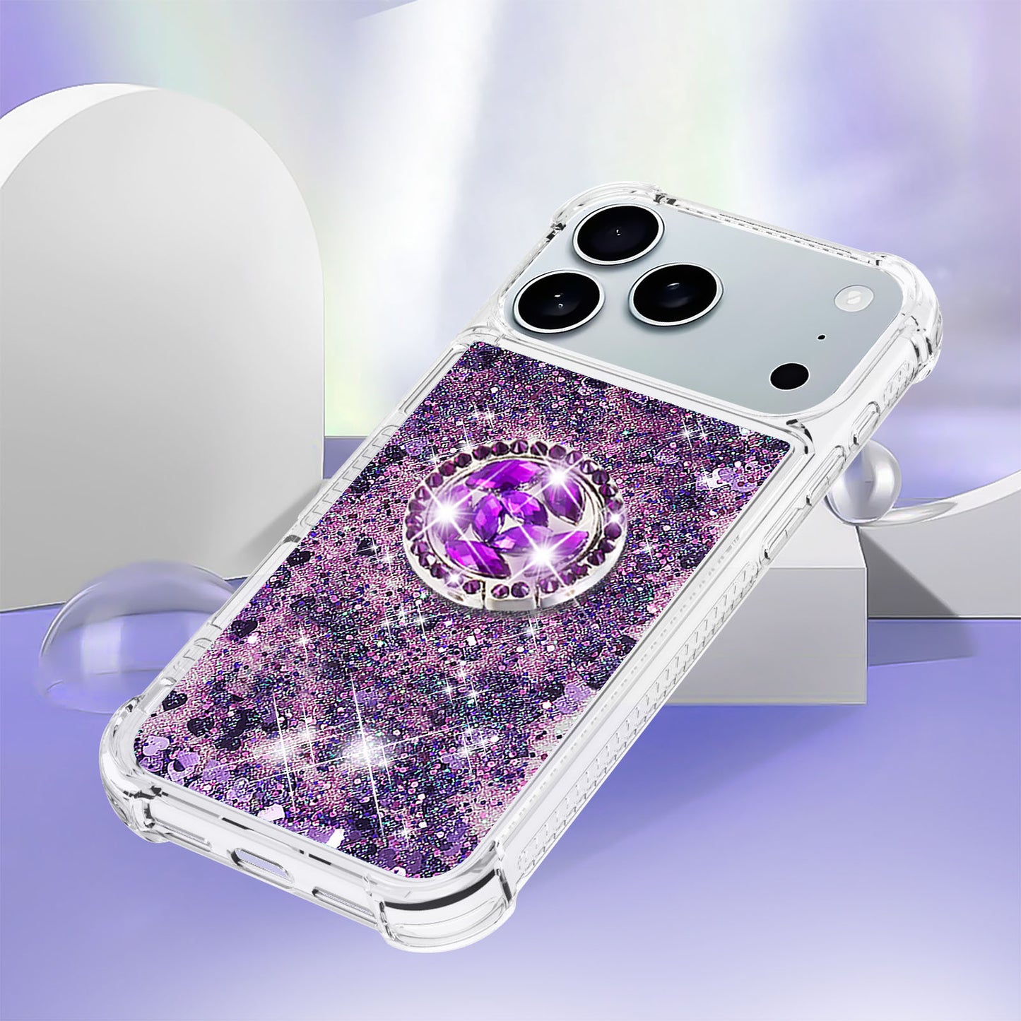 For iPhone 17 Pro Max TPU Case with Kickstand Quicksand Shockproof Cover - Dark Purple / Heart