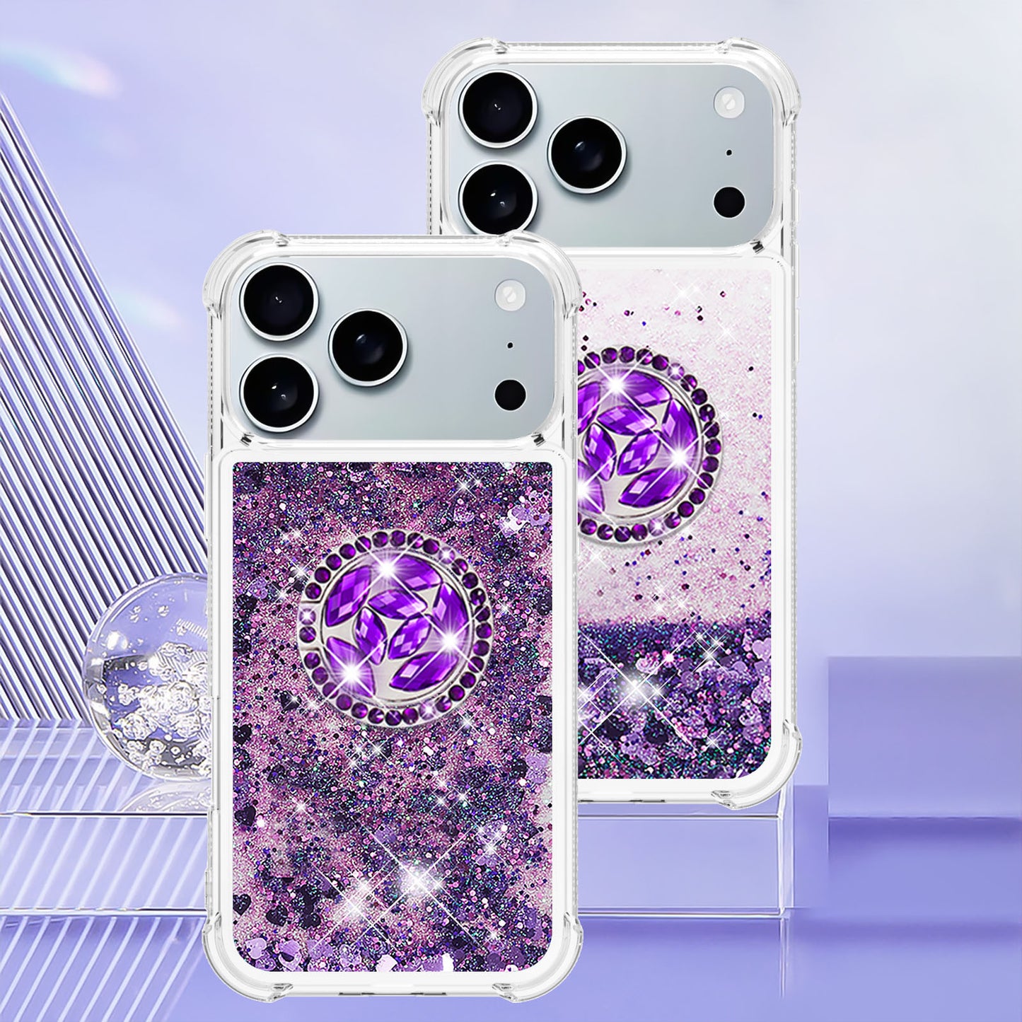 For iPhone 17 Pro Max TPU Case with Kickstand Quicksand Shockproof Cover - Dark Purple / Heart