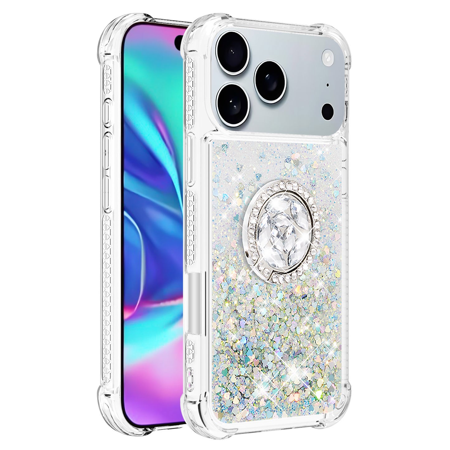 For iPhone 17 Pro Max TPU Case with Kickstand Quicksand Shockproof Cover - Silver / Hearts