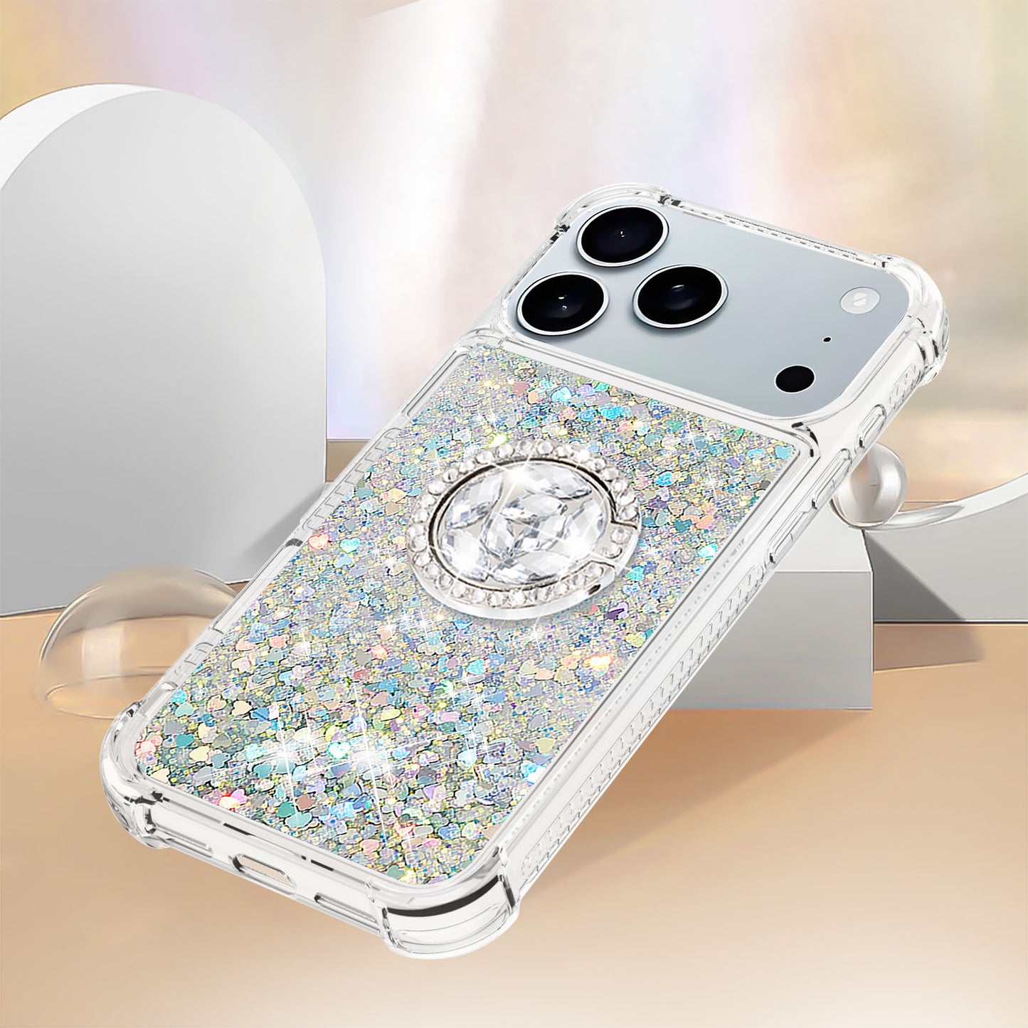 For iPhone 17 Pro Max TPU Case with Kickstand Quicksand Shockproof Cover - Silver / Hearts