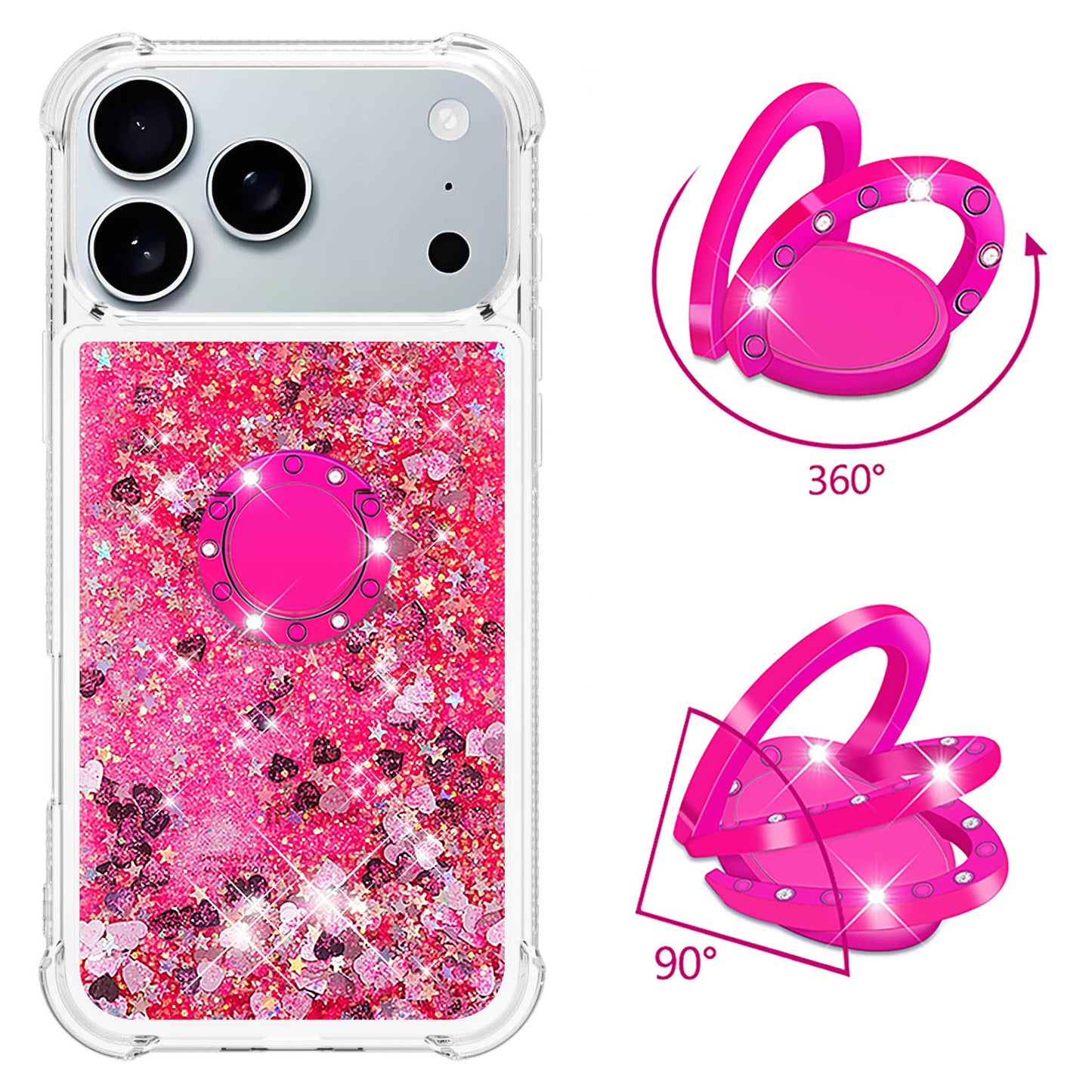 For iPhone 17 Pro Max TPU Case with Kickstand Quicksand Shockproof Cover - Pink / Hearts