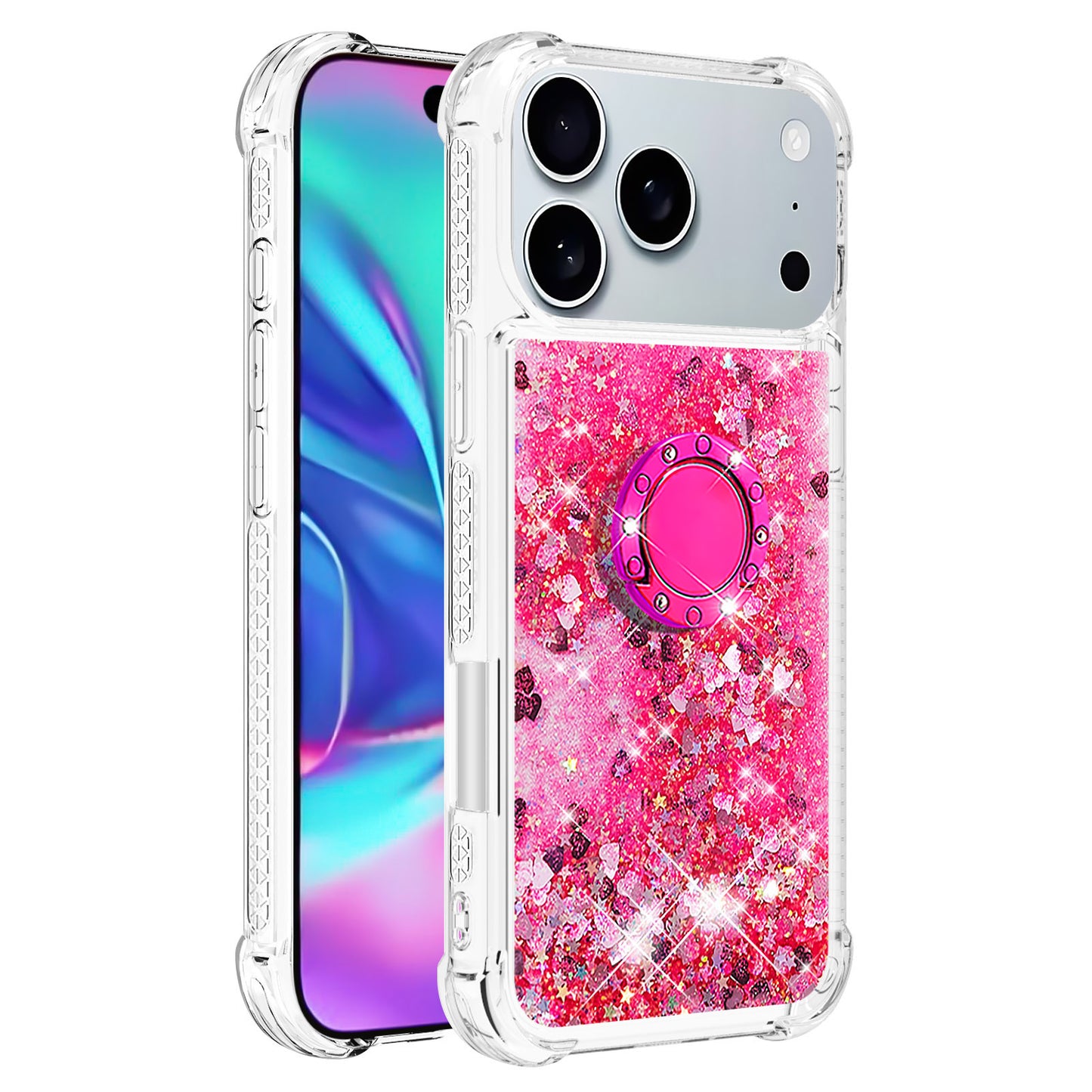 For iPhone 17 Pro Max TPU Case with Kickstand Quicksand Shockproof Cover - Pink / Hearts