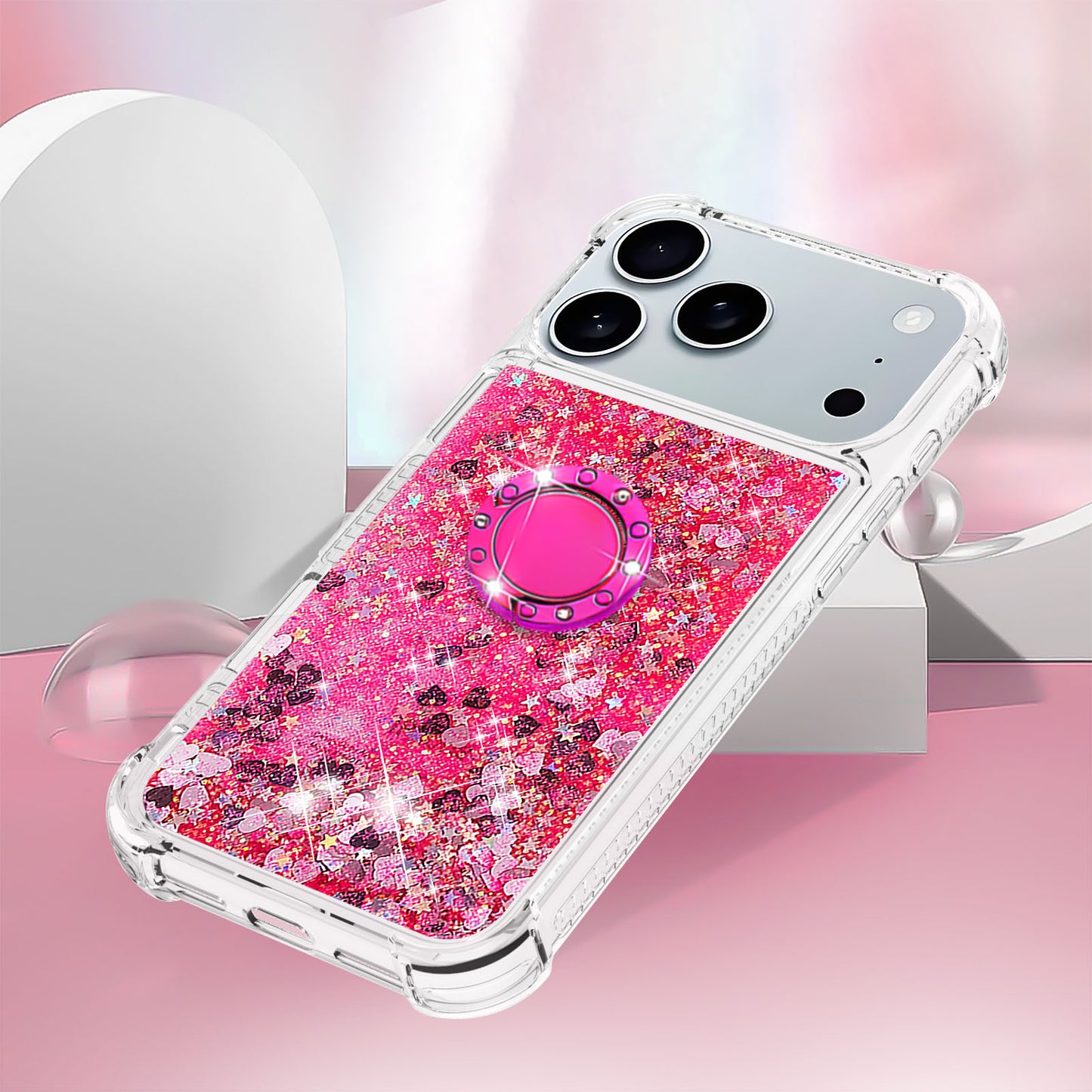For iPhone 17 Pro Max TPU Case with Kickstand Quicksand Shockproof Cover - Pink / Hearts