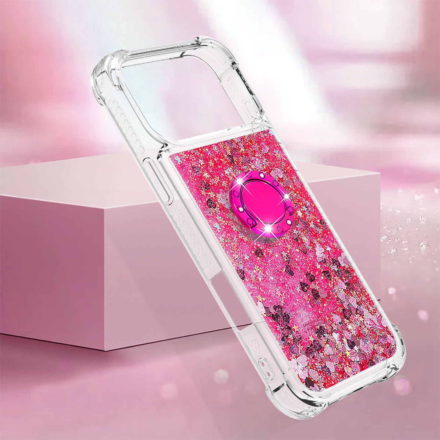 For iPhone 17 Pro Max TPU Case with Kickstand Quicksand Shockproof Cover - Pink / Hearts