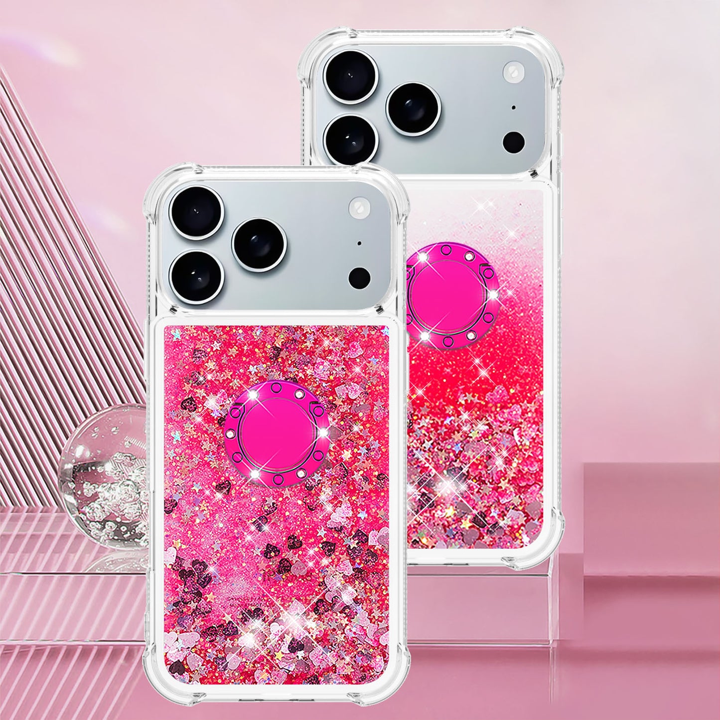 For iPhone 17 Pro Max TPU Case with Kickstand Quicksand Shockproof Cover - Pink / Hearts