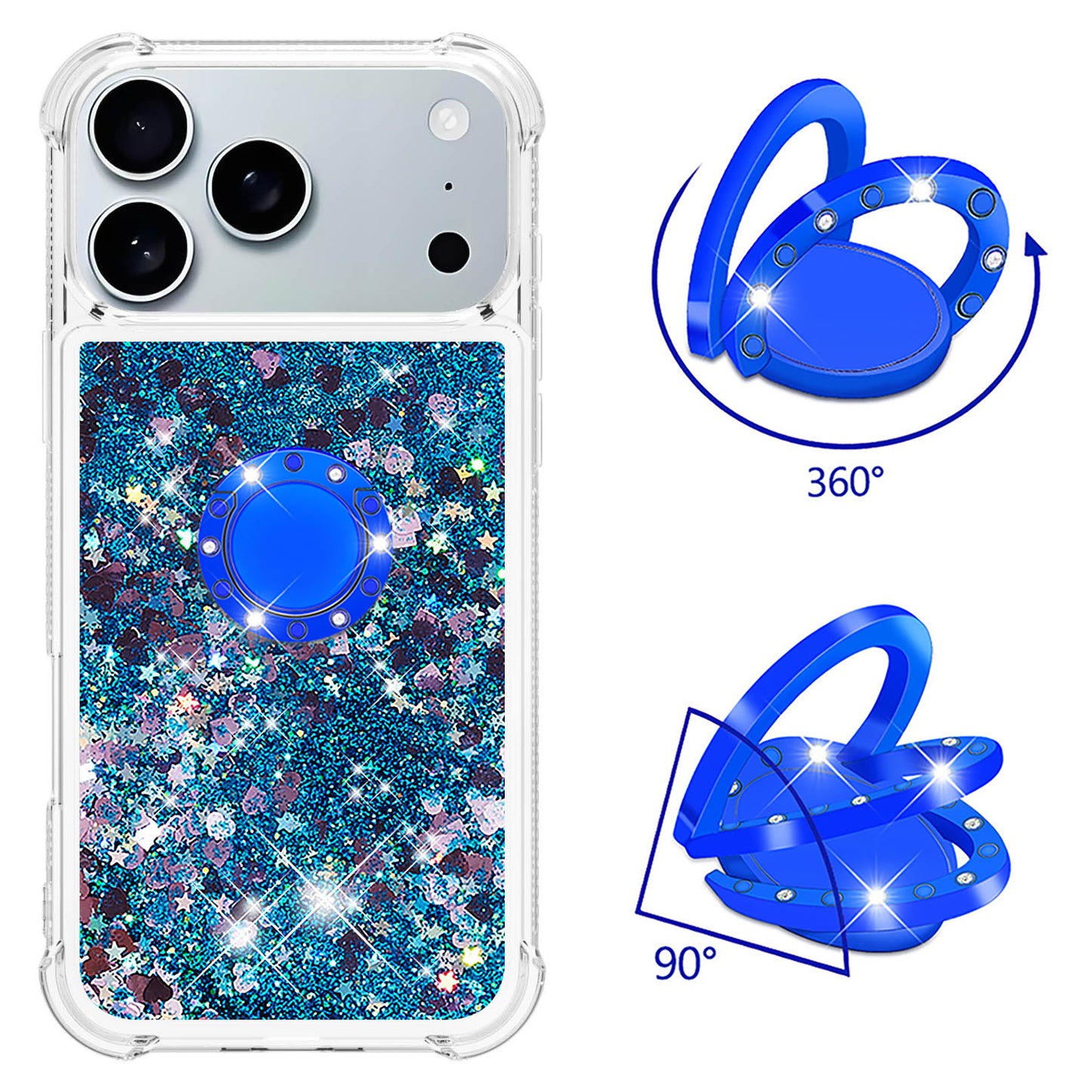 For iPhone 17 Pro Max TPU Case with Kickstand Quicksand Shockproof Cover - Blue / Hearts
