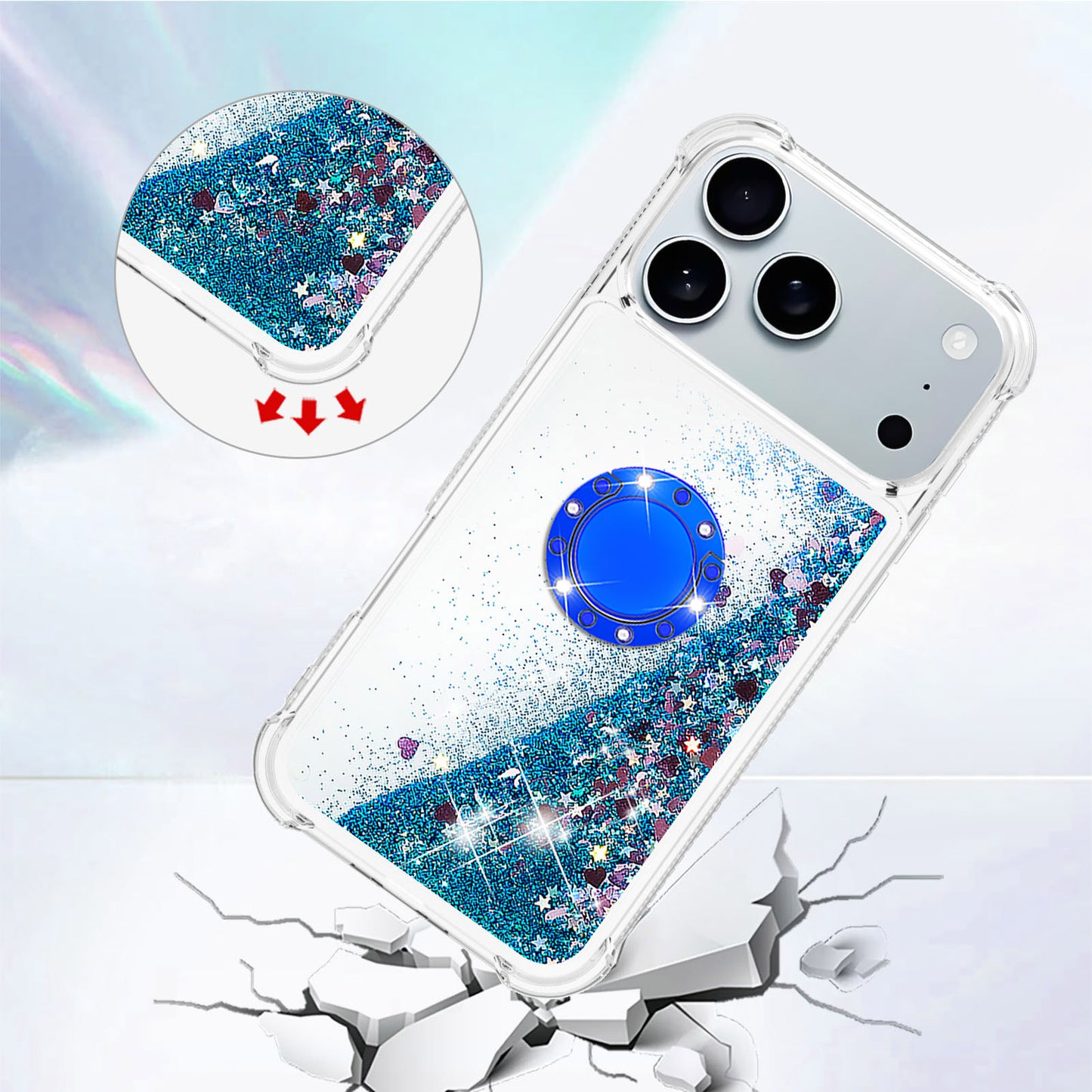 For iPhone 17 Pro Max TPU Case with Kickstand Quicksand Shockproof Cover - Blue / Hearts
