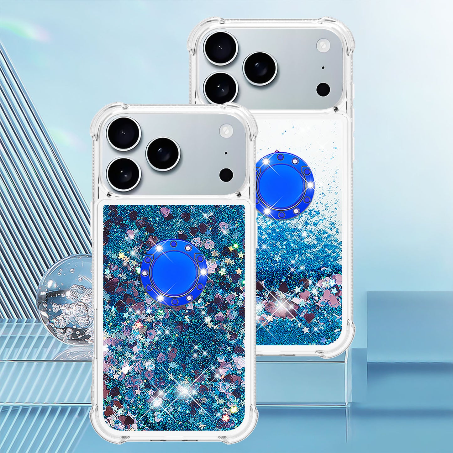 For iPhone 17 Pro Max TPU Case with Kickstand Quicksand Shockproof Cover - Blue / Hearts