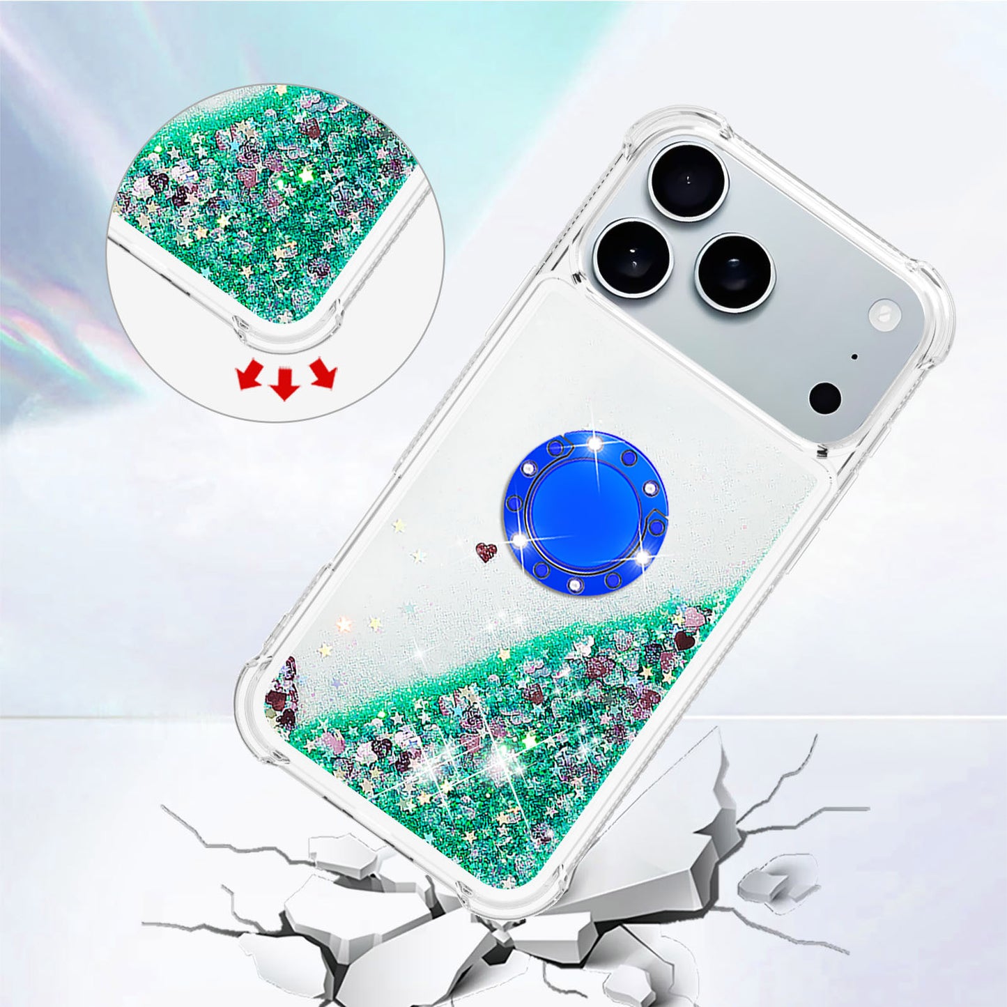 For iPhone 17 Pro Max TPU Case with Kickstand Quicksand Shockproof Cover - Green / Hearts