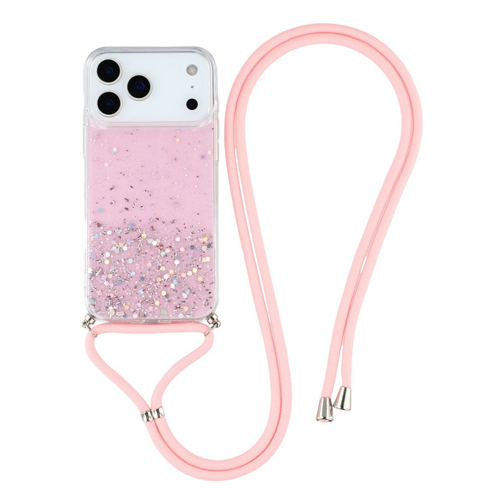 For iPhone 17 Pro Max Case Cute Bling TPU Epoxy Phone Cover with Lanyard - Pink